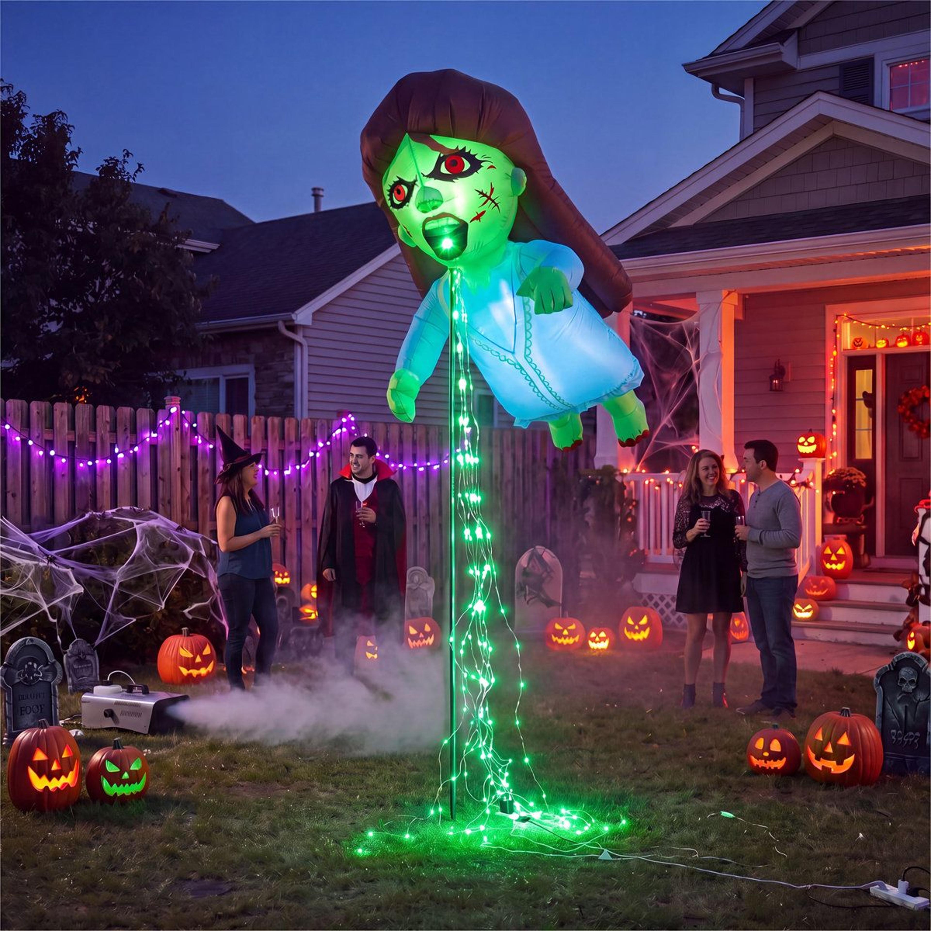 inflatable ghost lawn decoration with green led glow and mounting pole