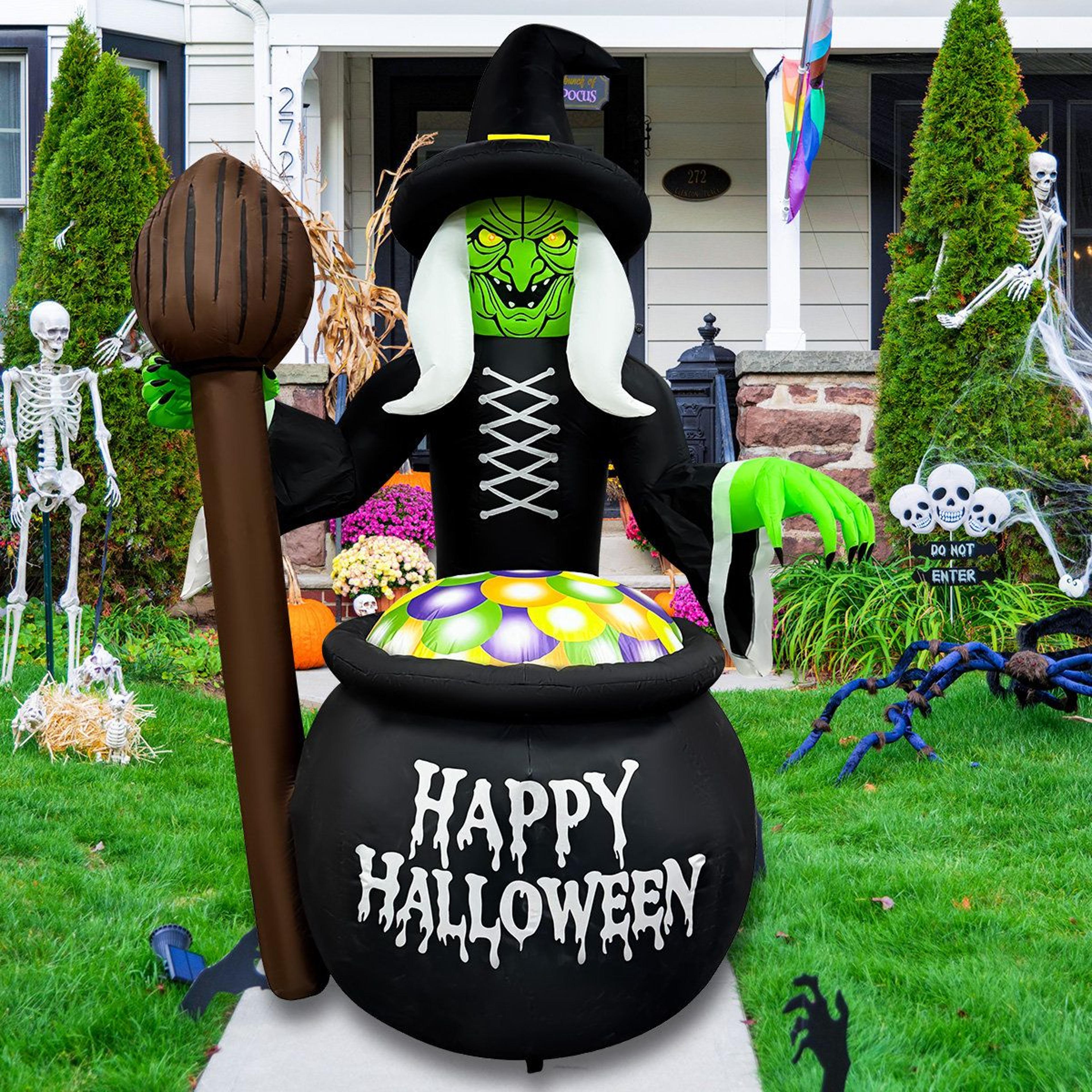 Halloween Inflatable Witch With Cauldron LED Lights Weather Resistant Outdoor Yard Decor 2
