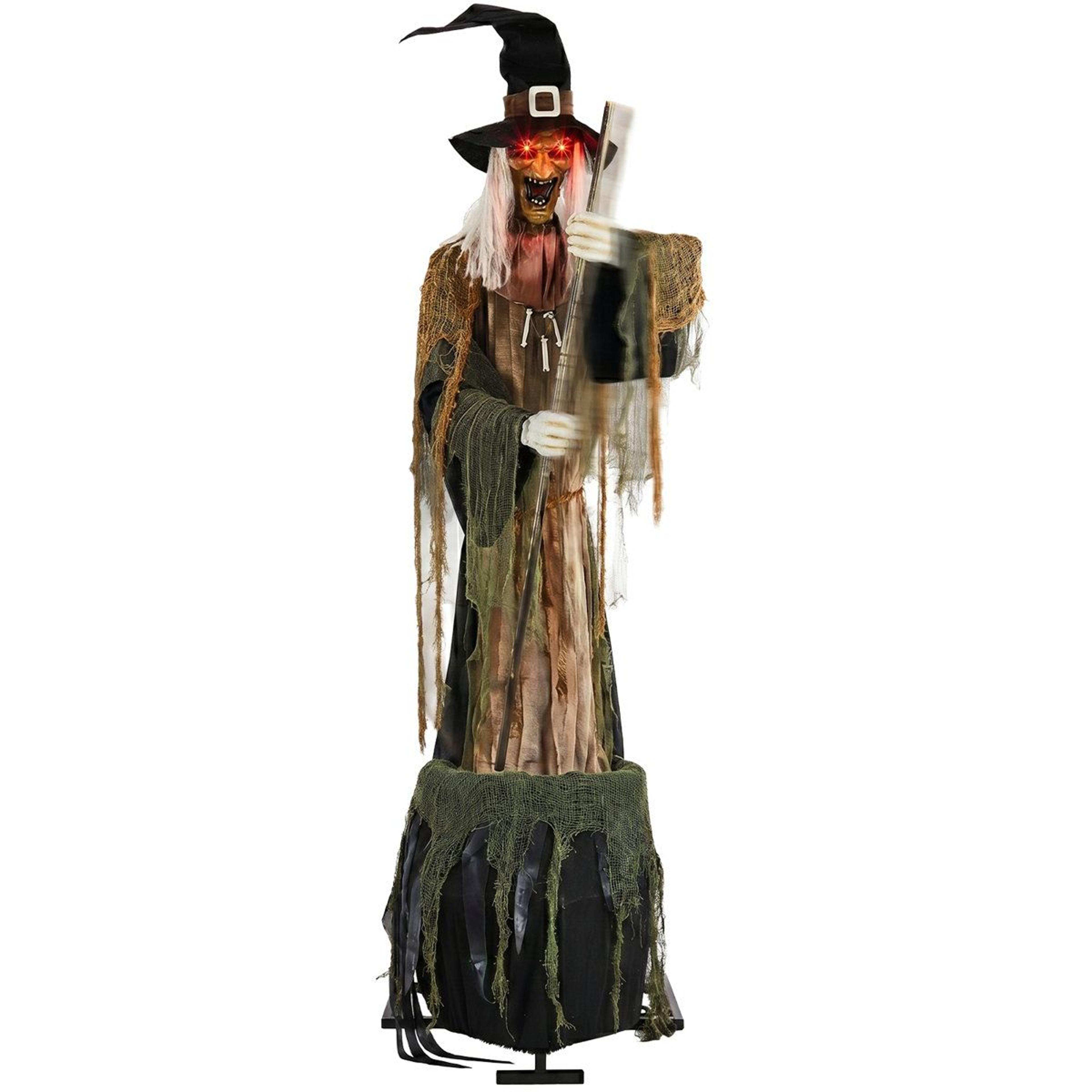 Witch Brewing Poison With Red Glowing Eyes And Green Cauldron Light Halloween Decoration 0