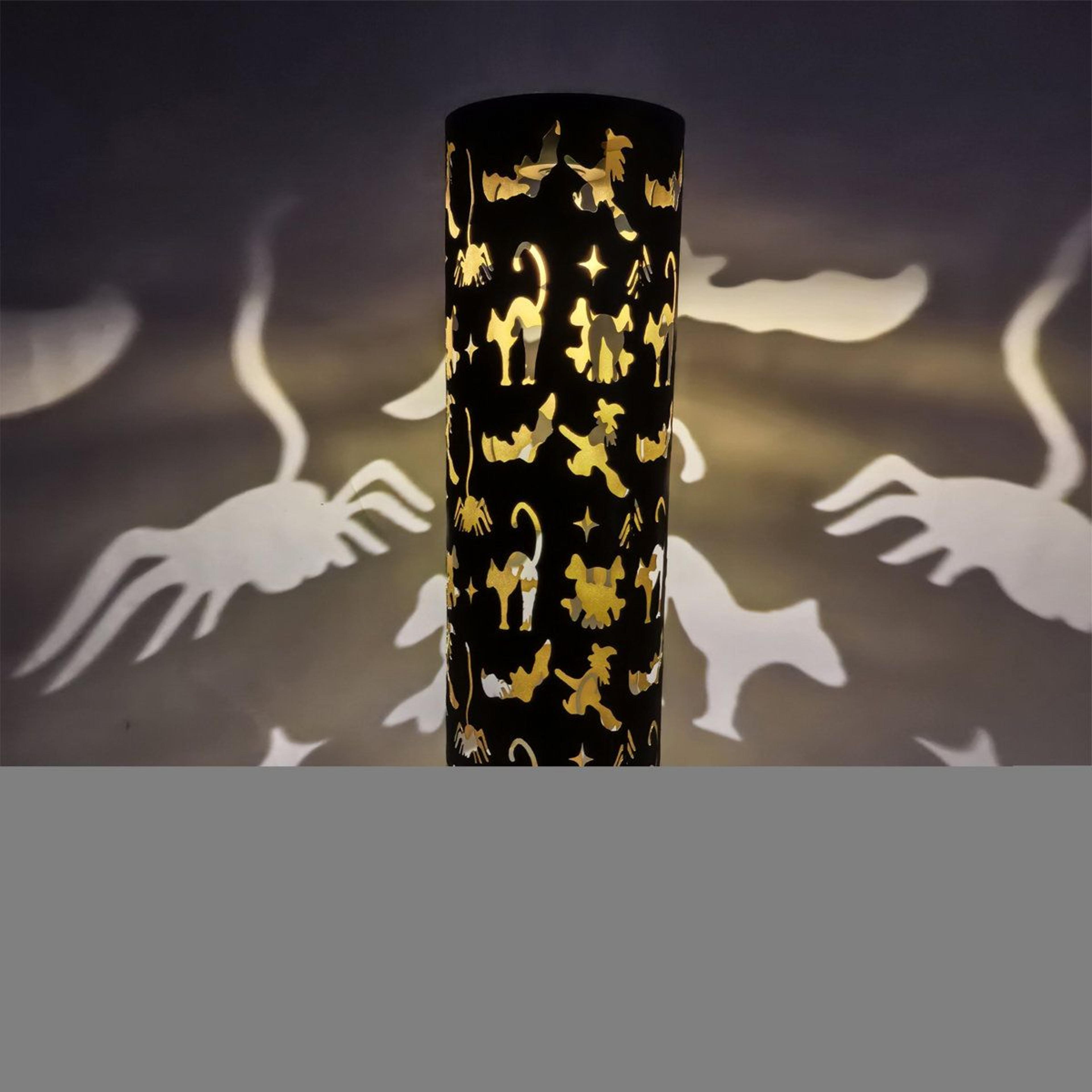 Pillar Lantern With Cat And Ghost Cutouts Black Cylinder Halloween Decoration 1