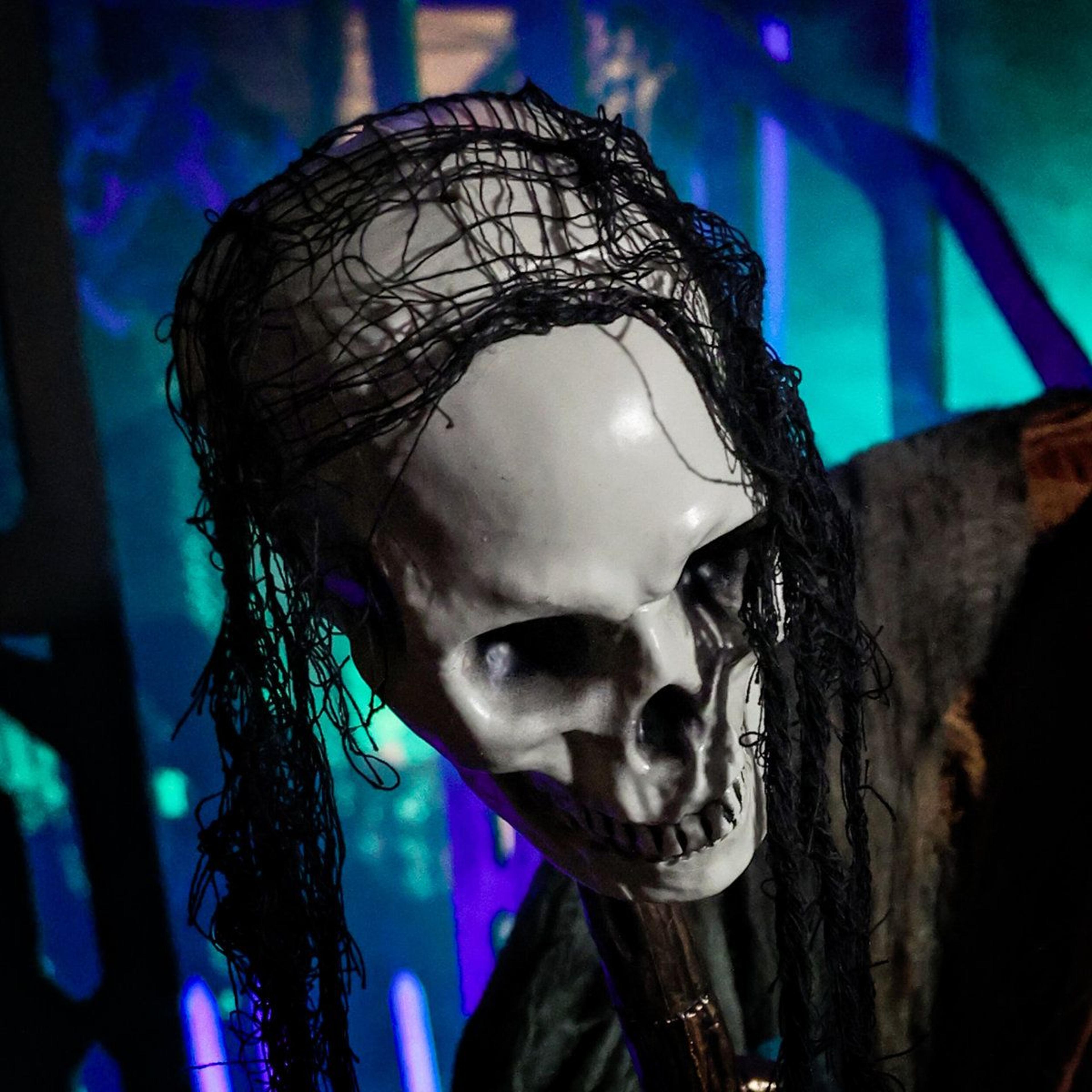 hunchback witch halloween animatronic with skull staff and red led eyes