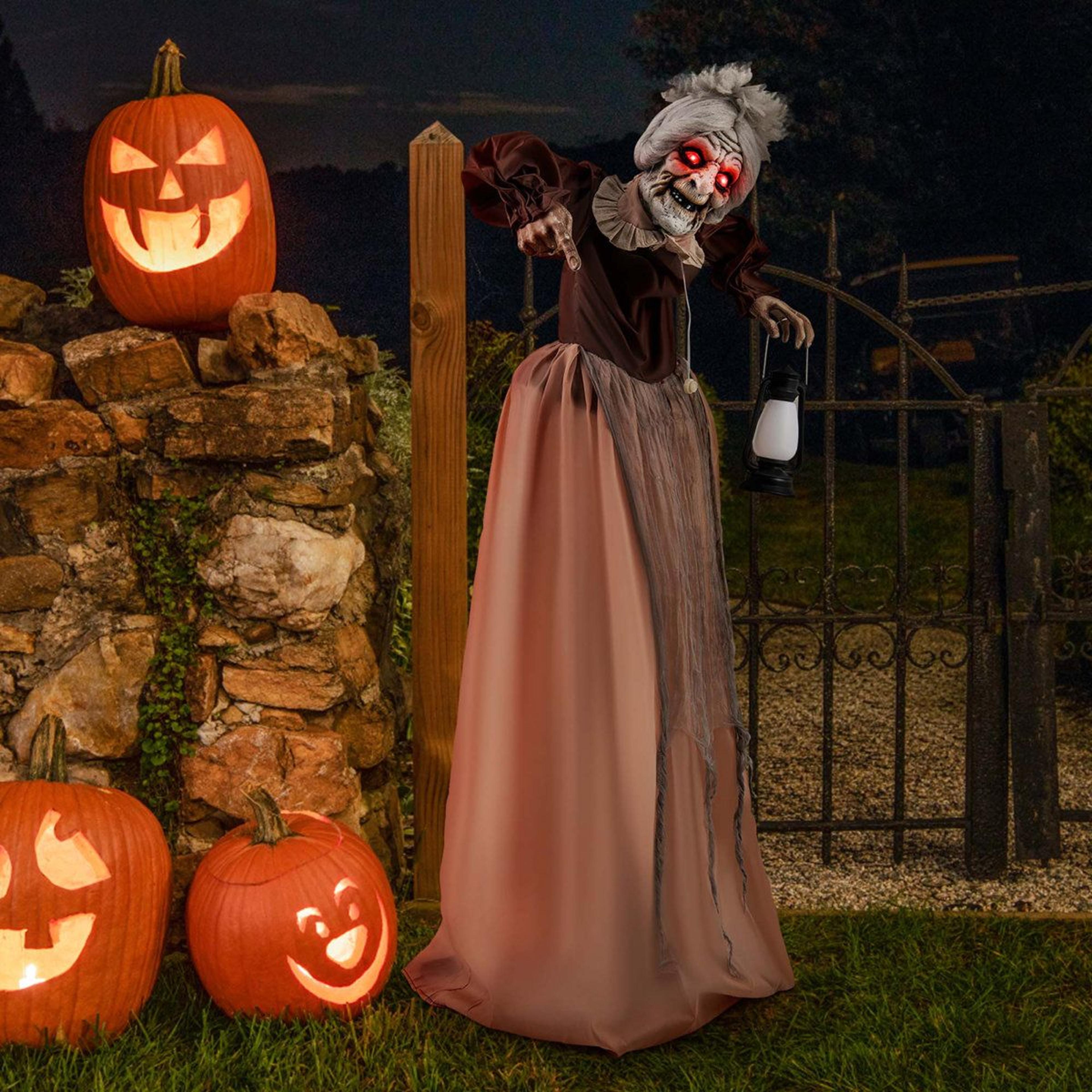 halloween animatronic old lady hag with talking motion and led red eyes