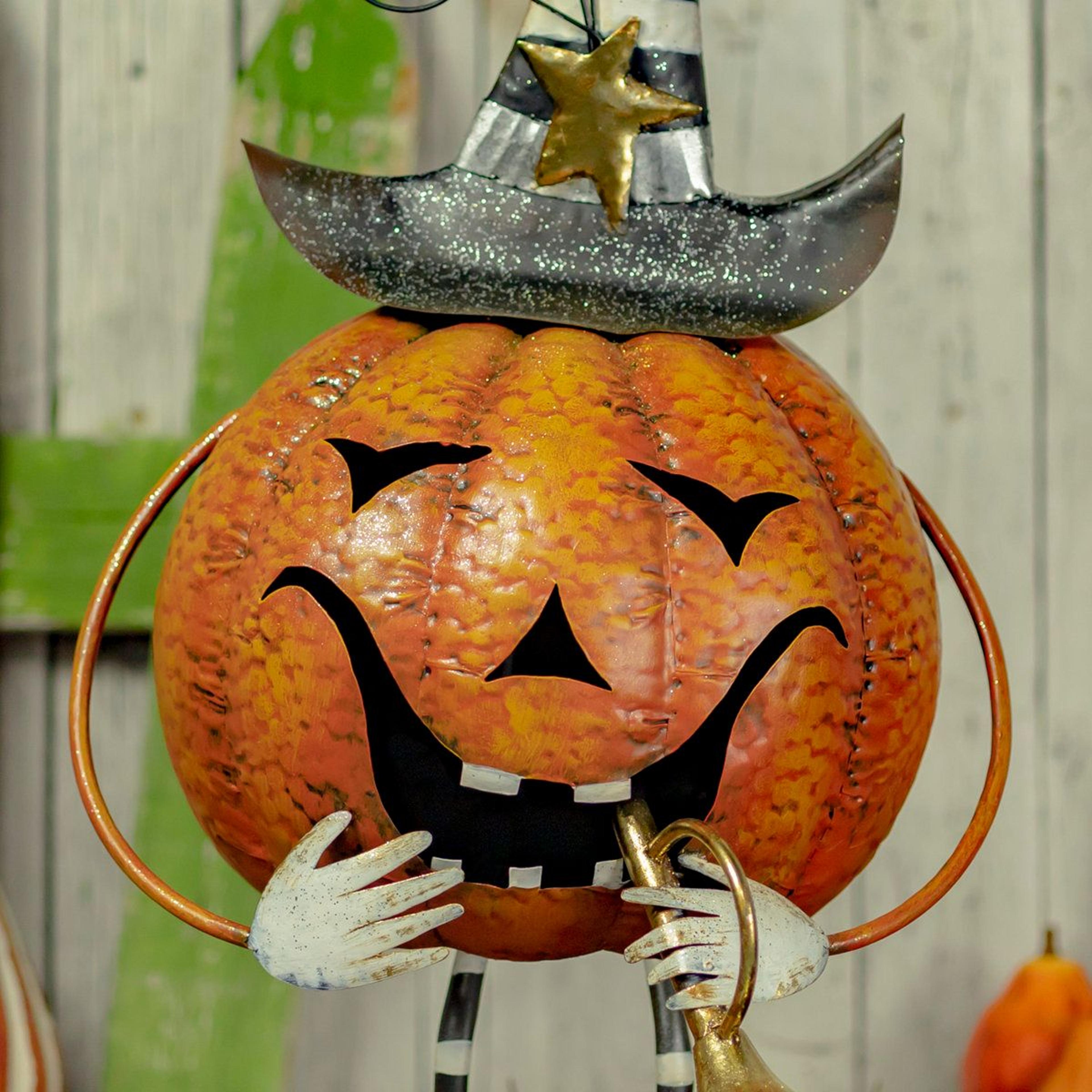 lighted metal jack o lantern with trumpet halloween figurine tall