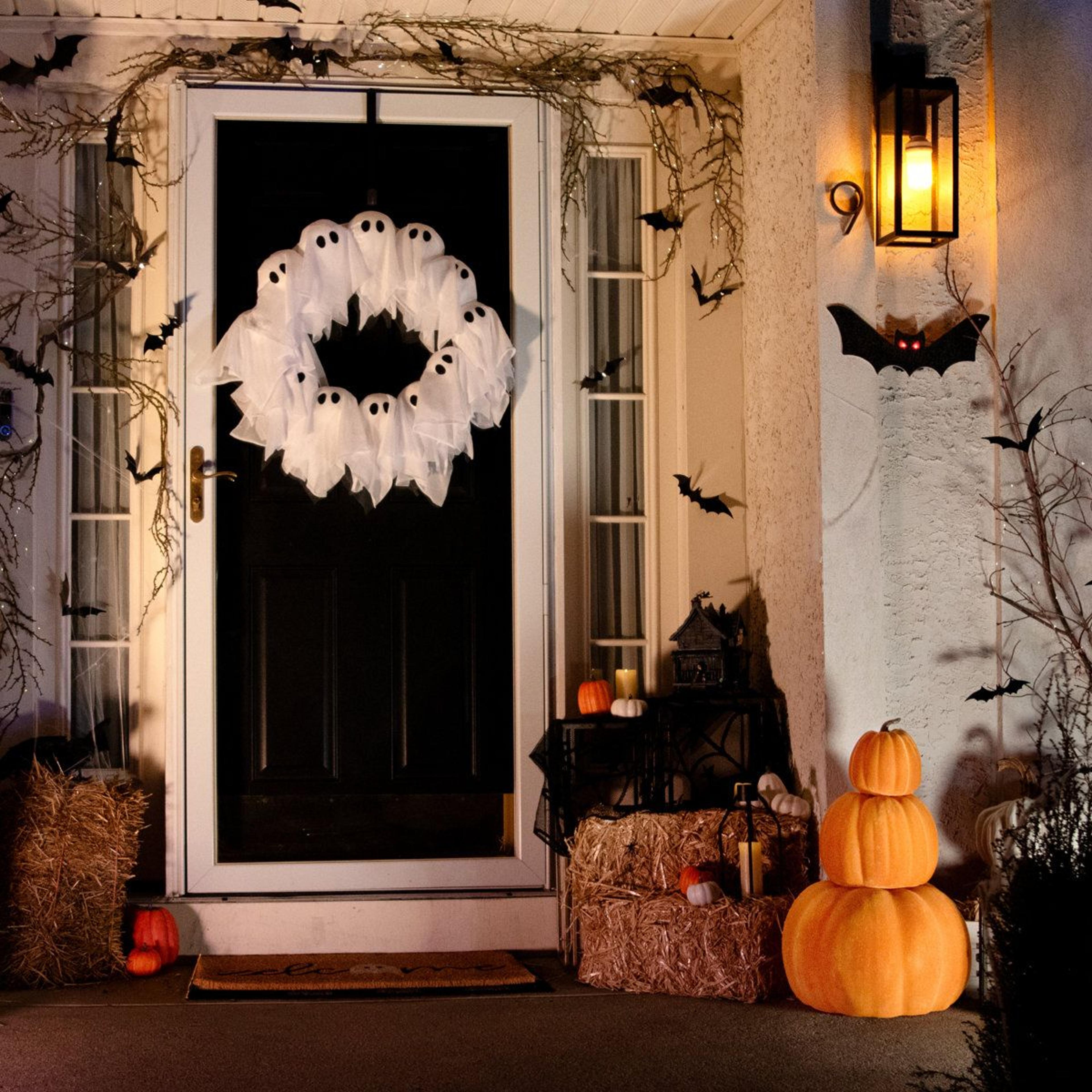 Flocked Pumpkin Stack With Stakes Halloween Garden Decoration 2