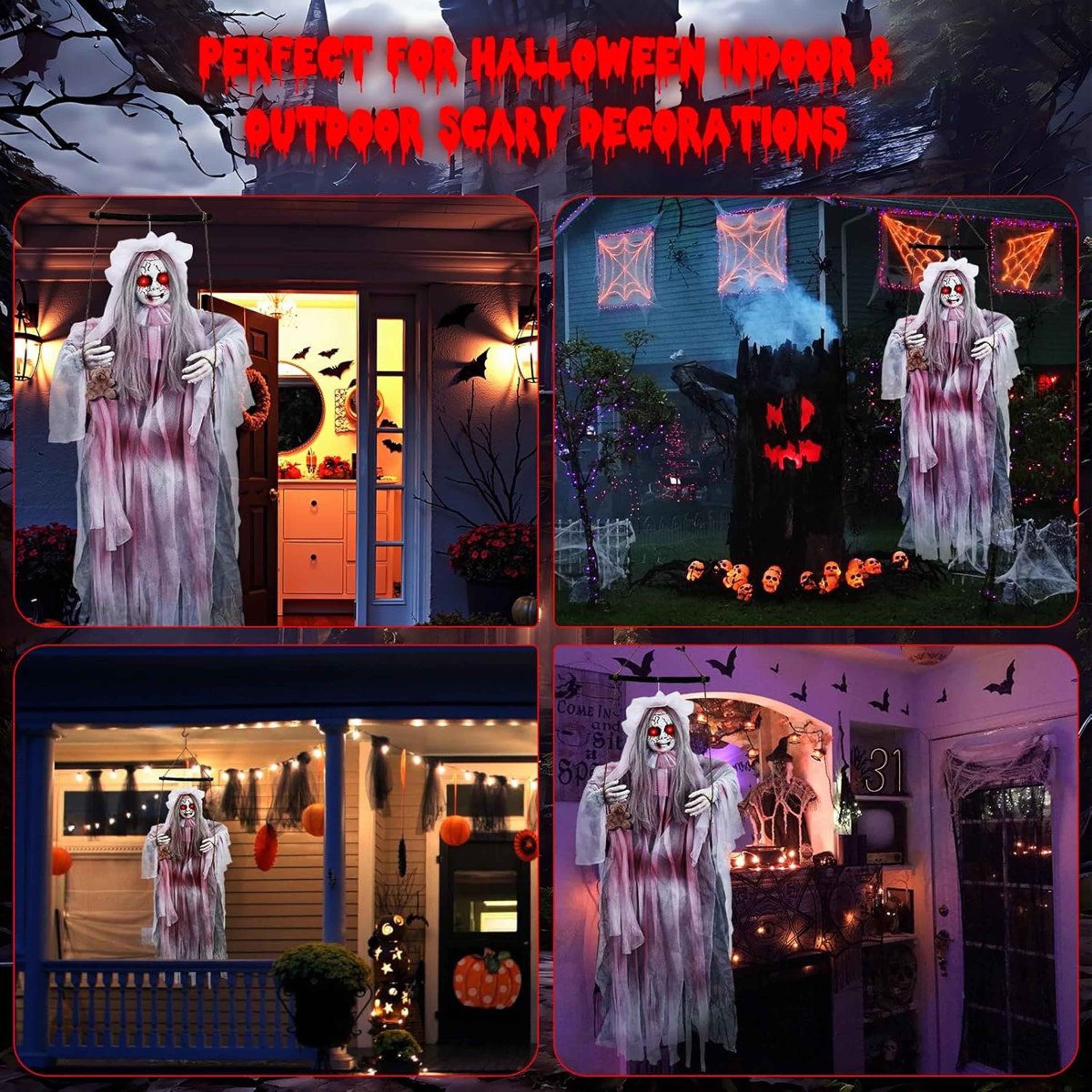 Halloween Animatronic Hanging Girl Ghost With Swinging Motion And LED Eyes 4