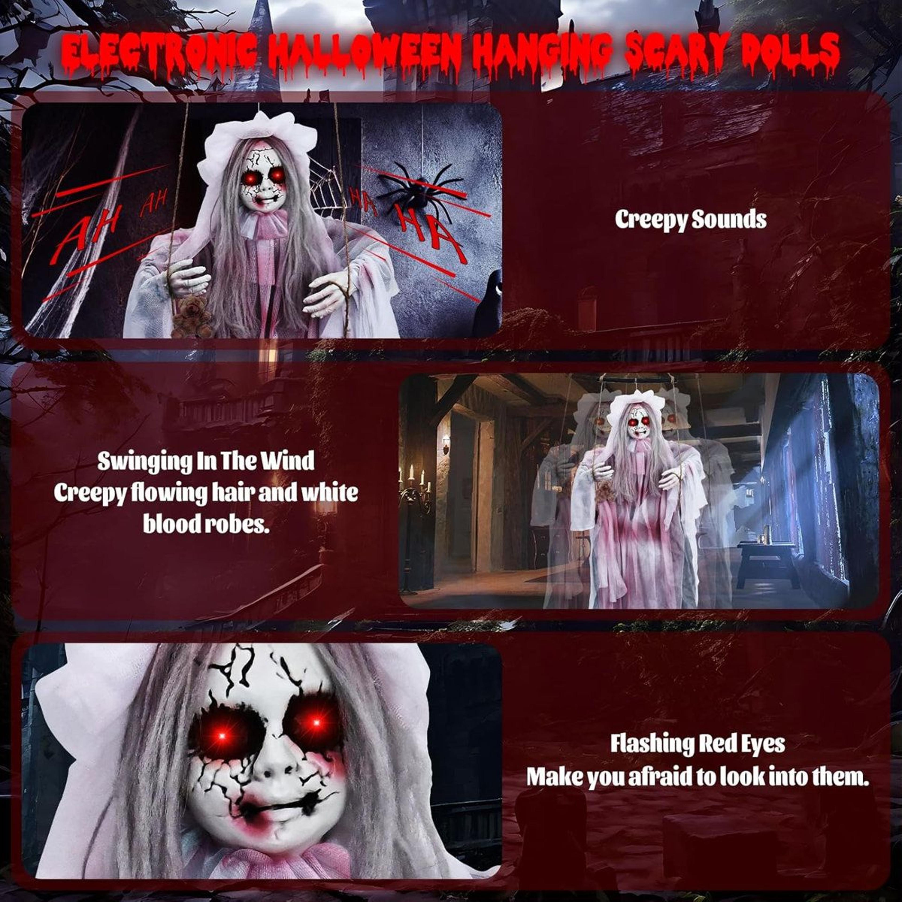Halloween Animatronic Hanging Girl Ghost With Swinging Motion And LED Eyes 3