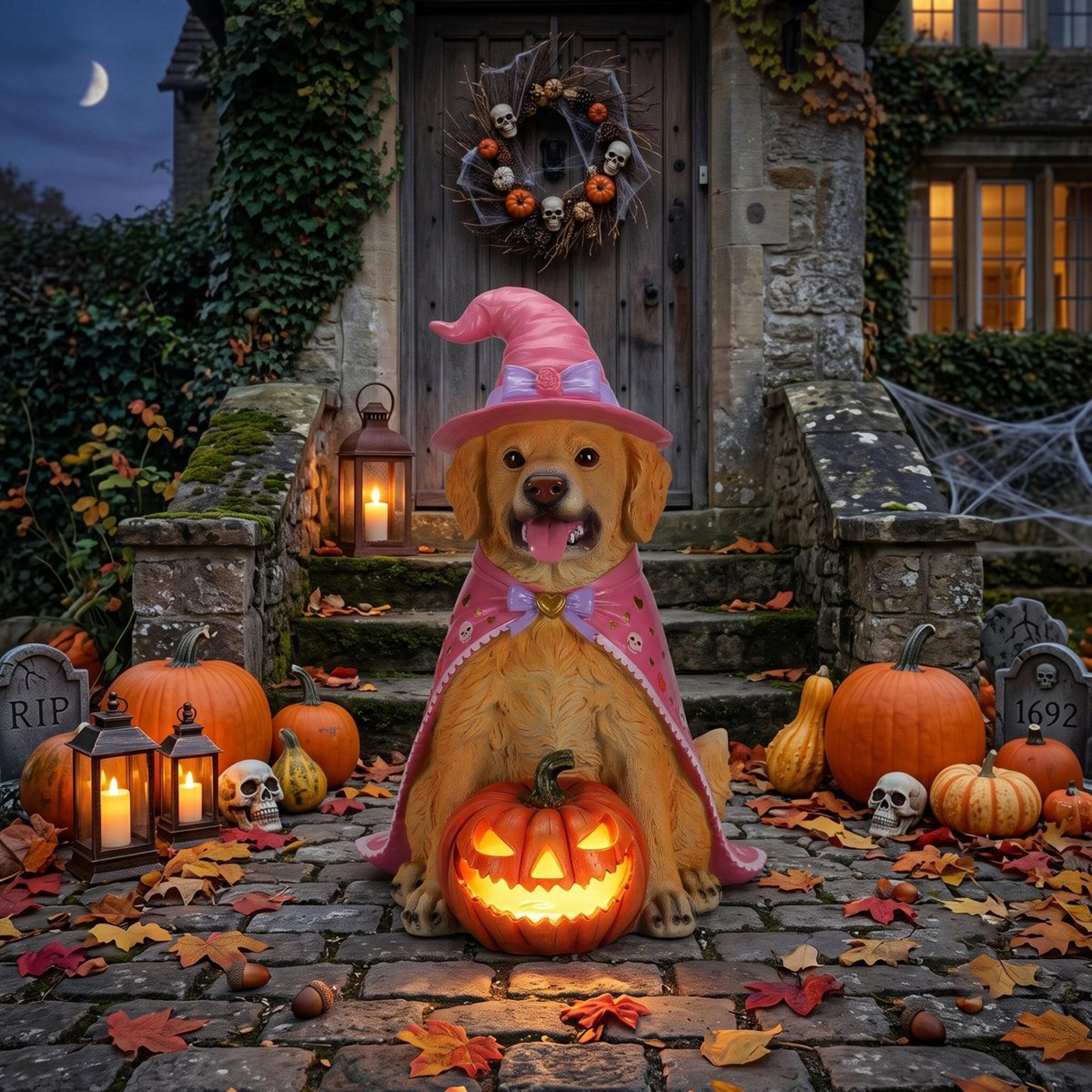lighted halloween dog statue with jack o lantern and witch hat