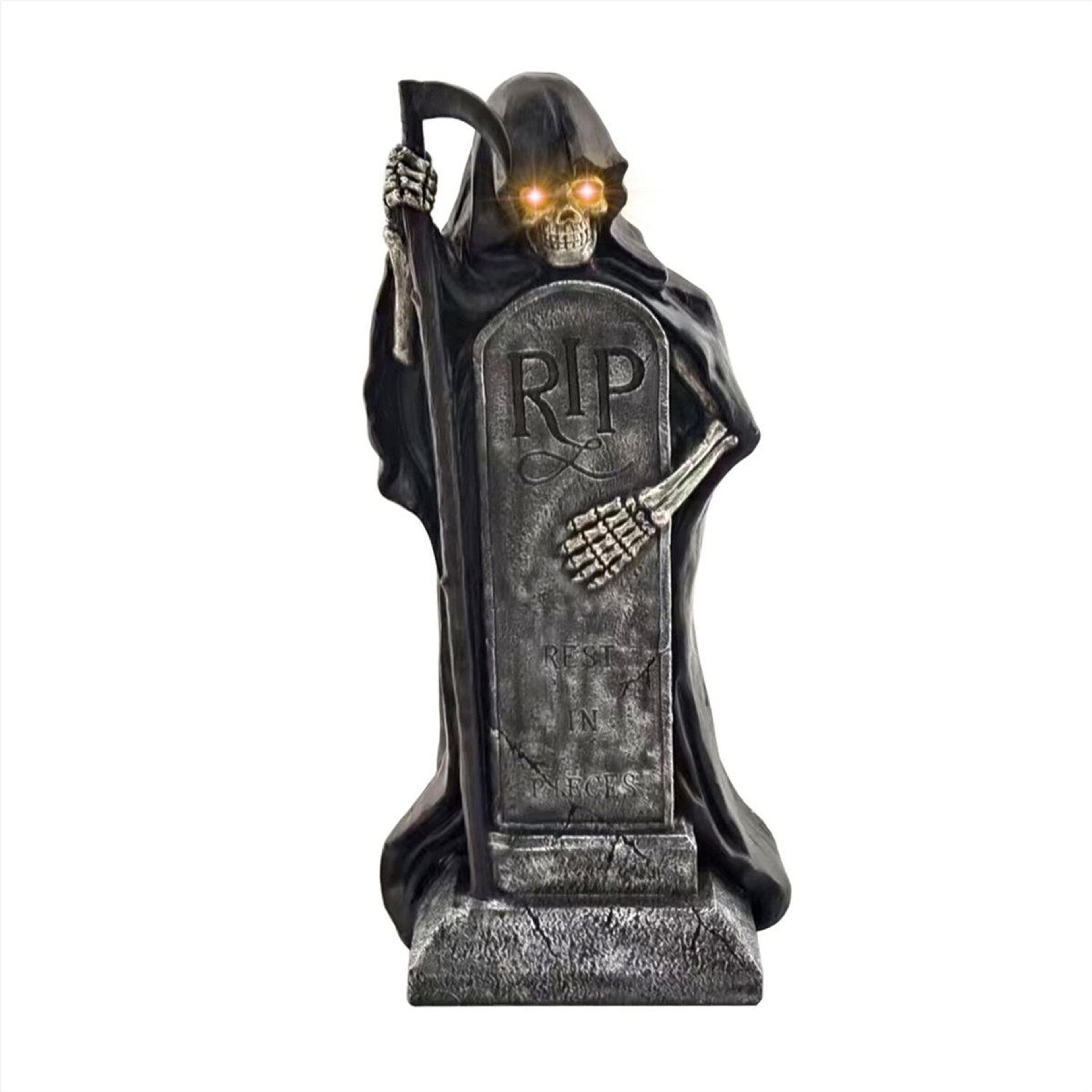 grim reaper halloween statue with sickle and led eyes