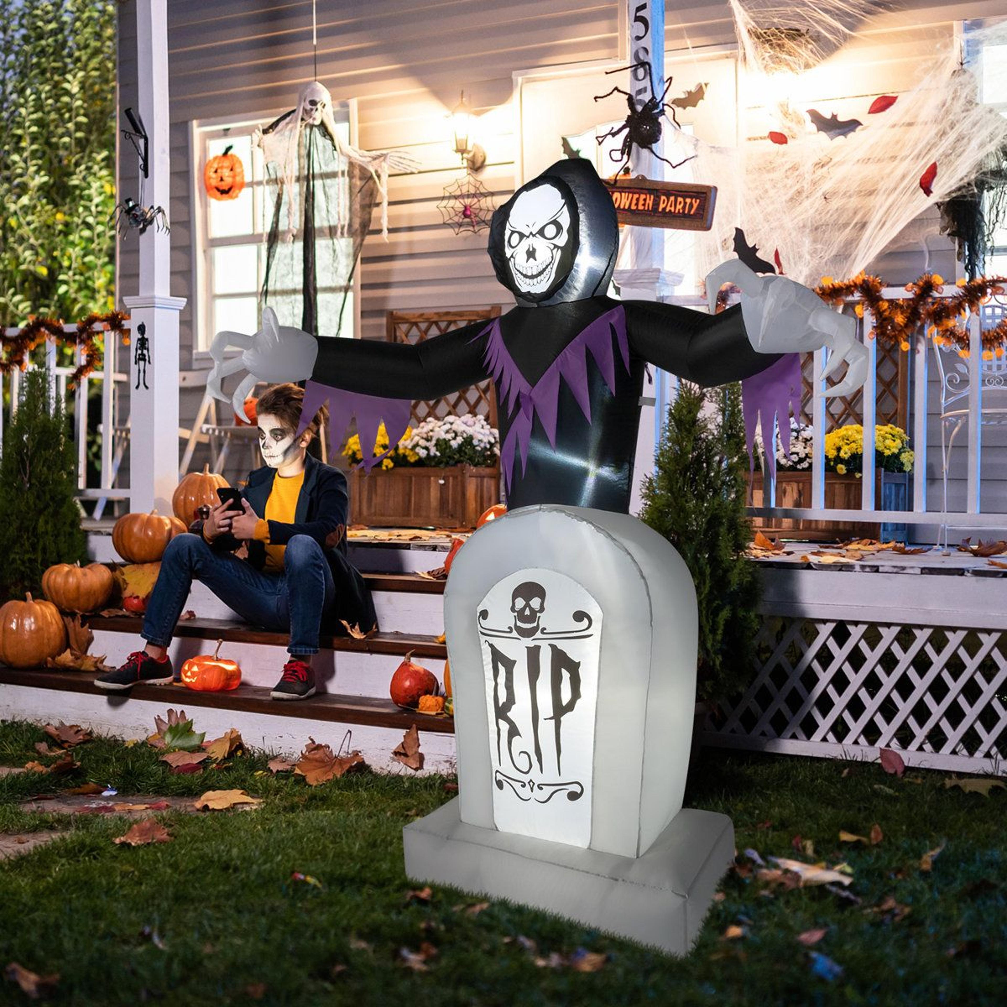 Halloween Inflatable Grim Reaper With Graveyard And LED Lights 3