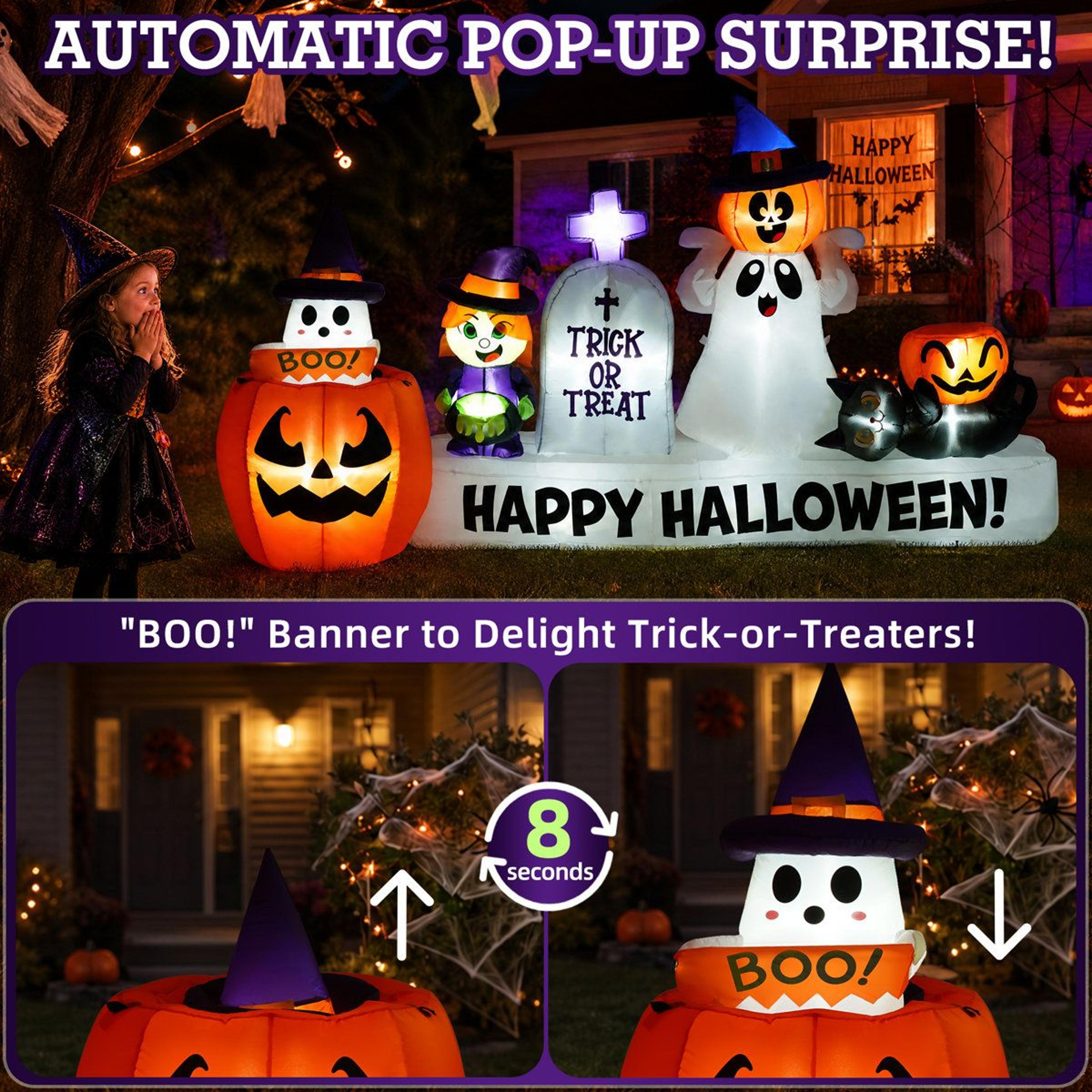 Halloween Inflatable Lawn Decoration With Animated Pop Up Witch And Pumpkin Banner 4