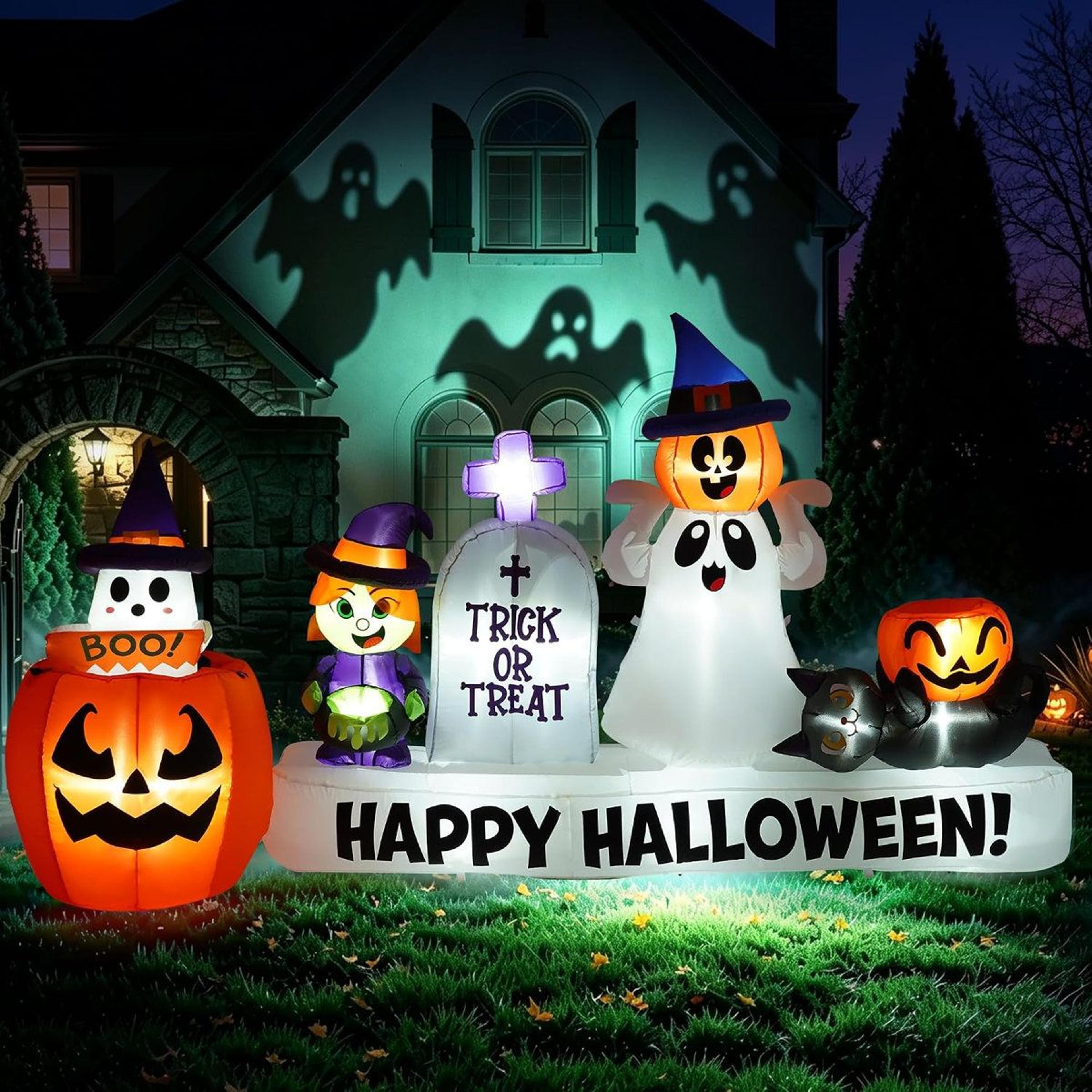 halloween inflatable lawn decoration with animated pop up witch and pumpkin banner
