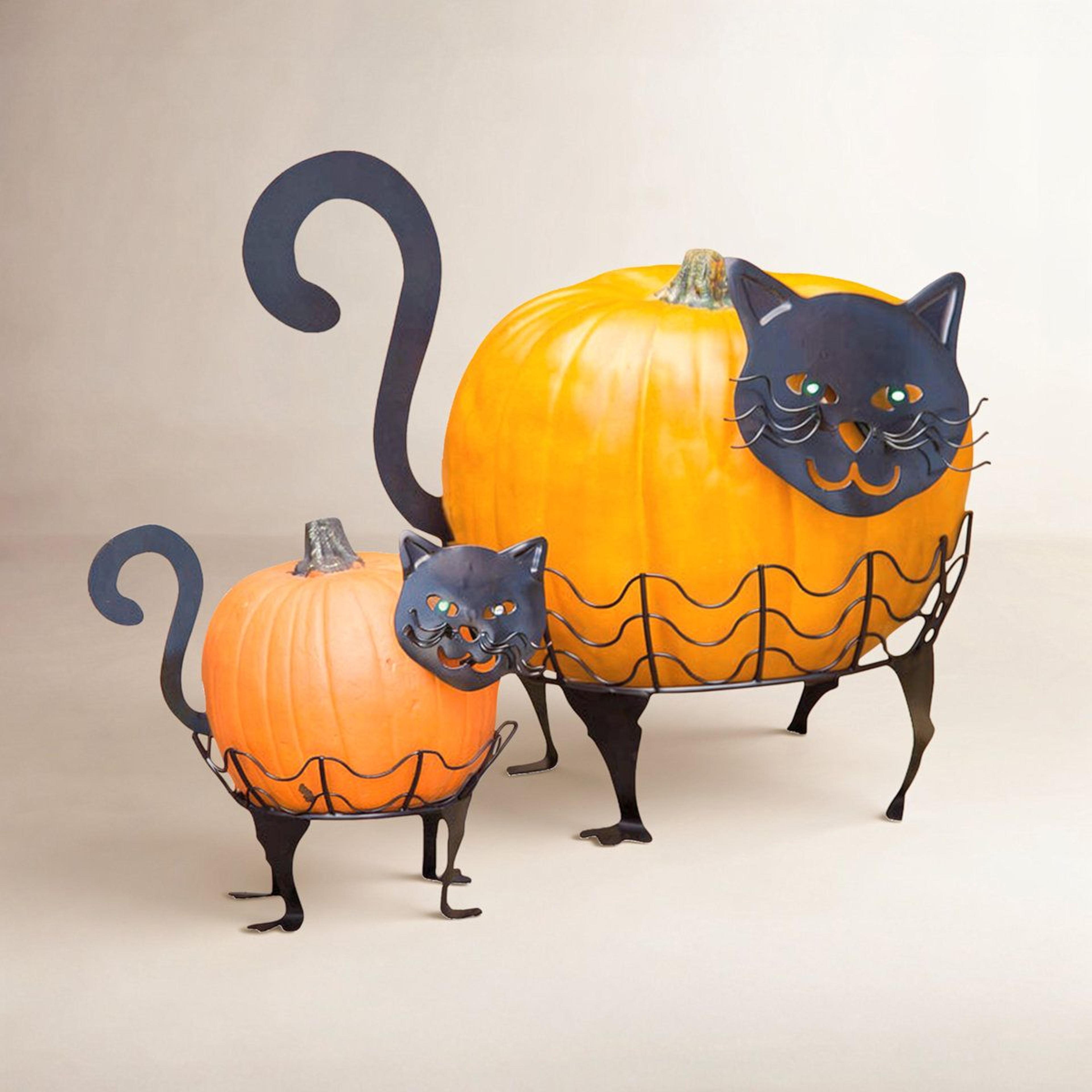 cat pumpkin holder figurine set with led lights metal halloween decor