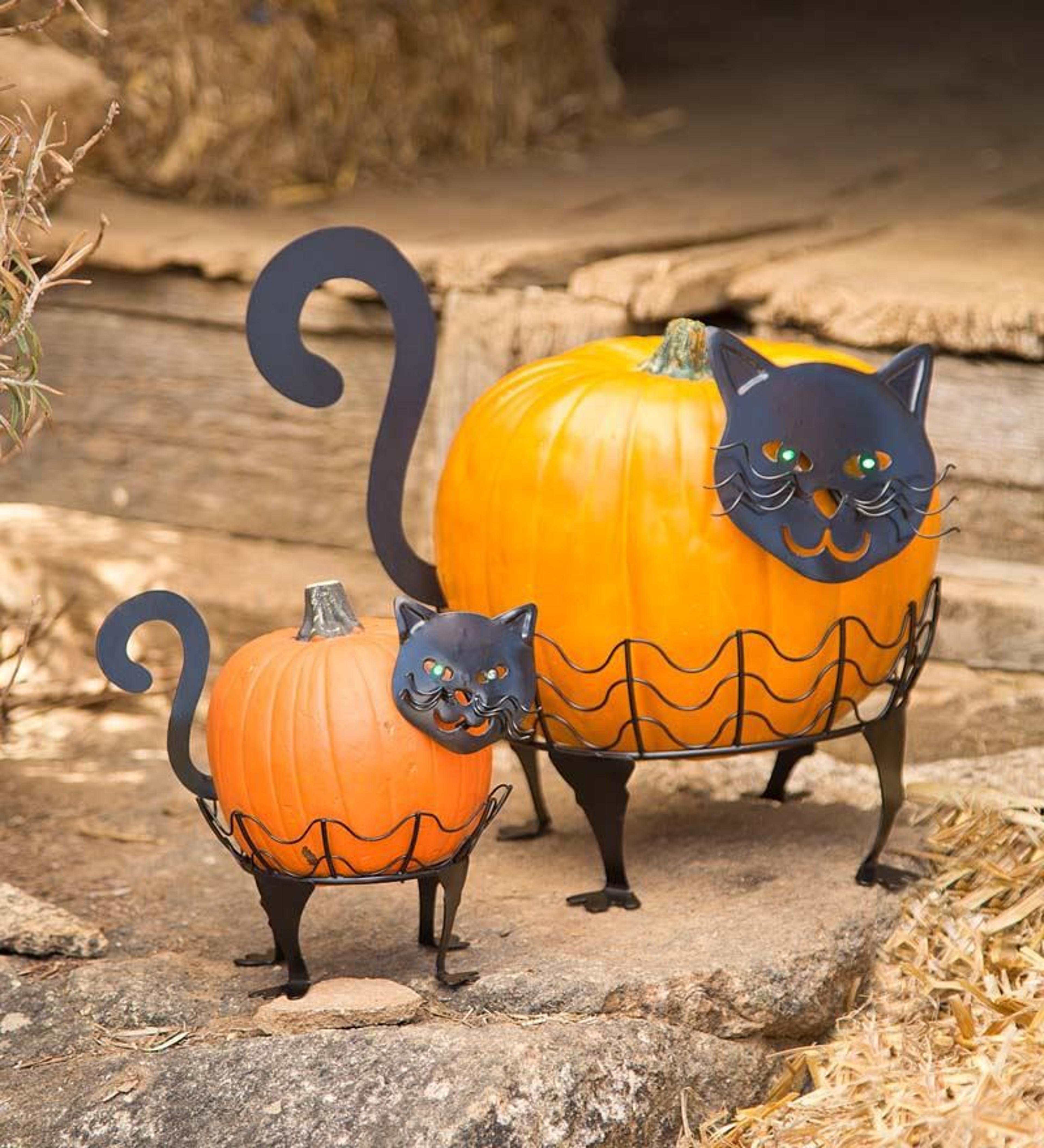 Cat Pumpkin Holder Figurine Set With LED Lights Metal Halloween Decor 1