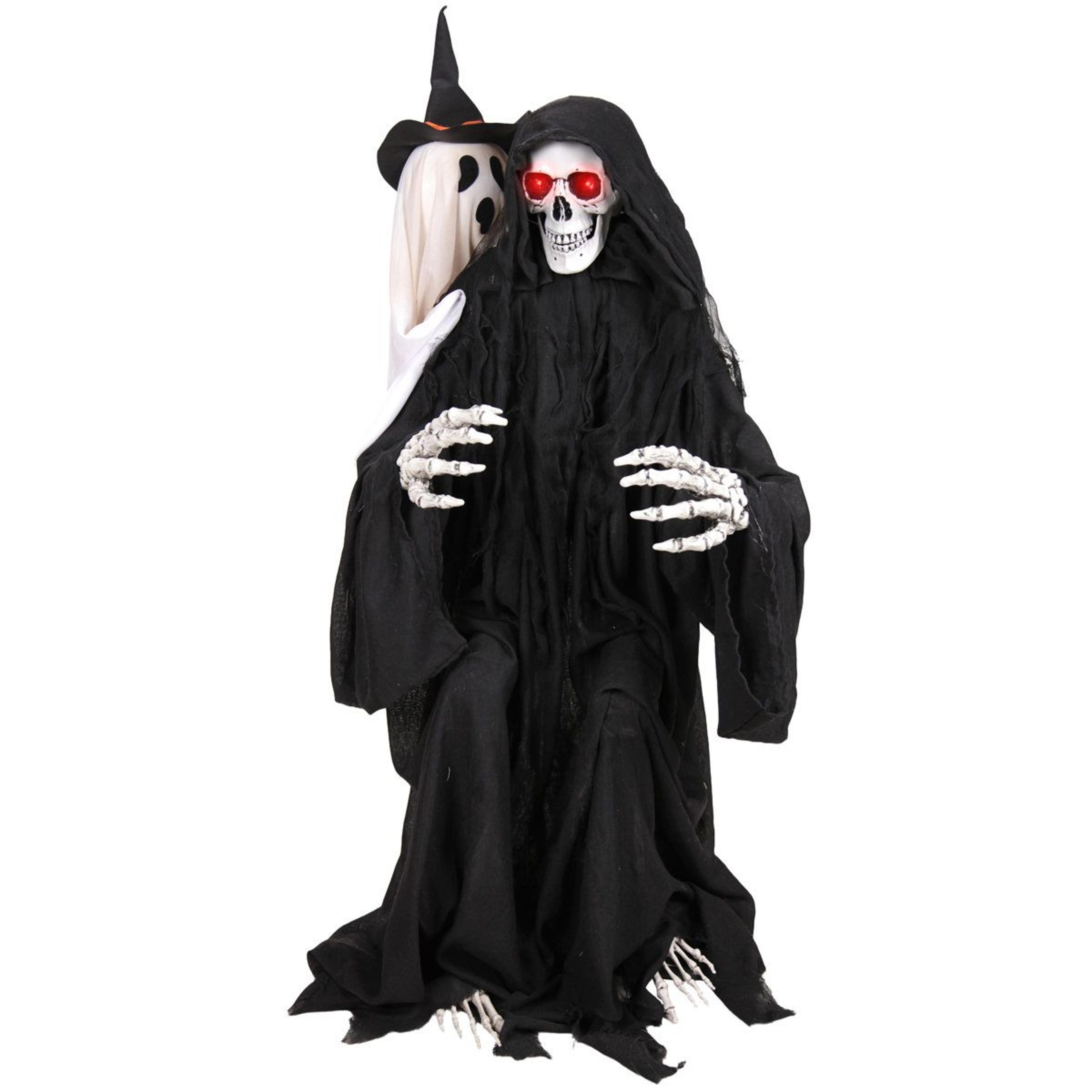 sitting reaper halloween animatronic with moving head and red led eyes