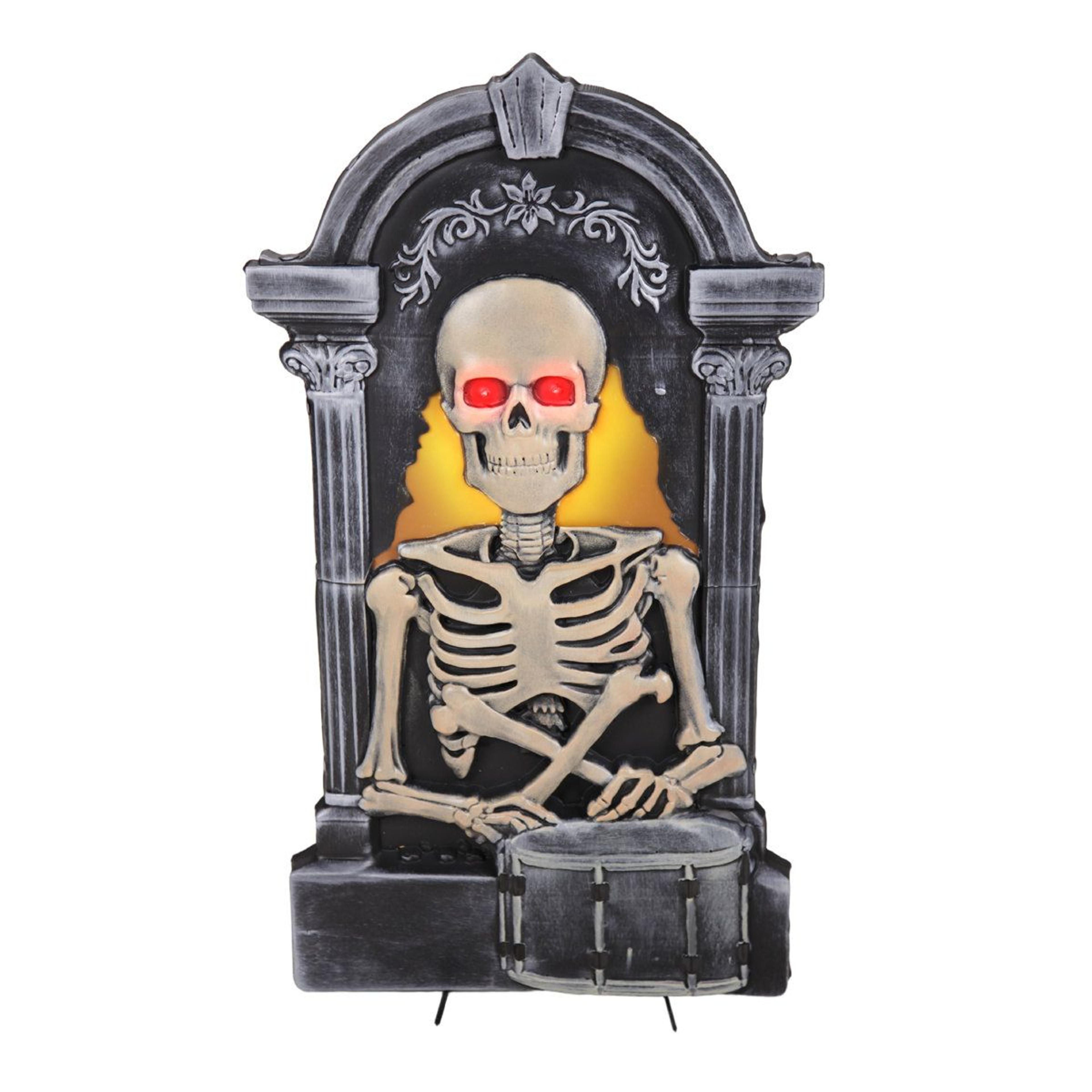 halloween tombstone skeleton animatronic with drum red led eyes and sound