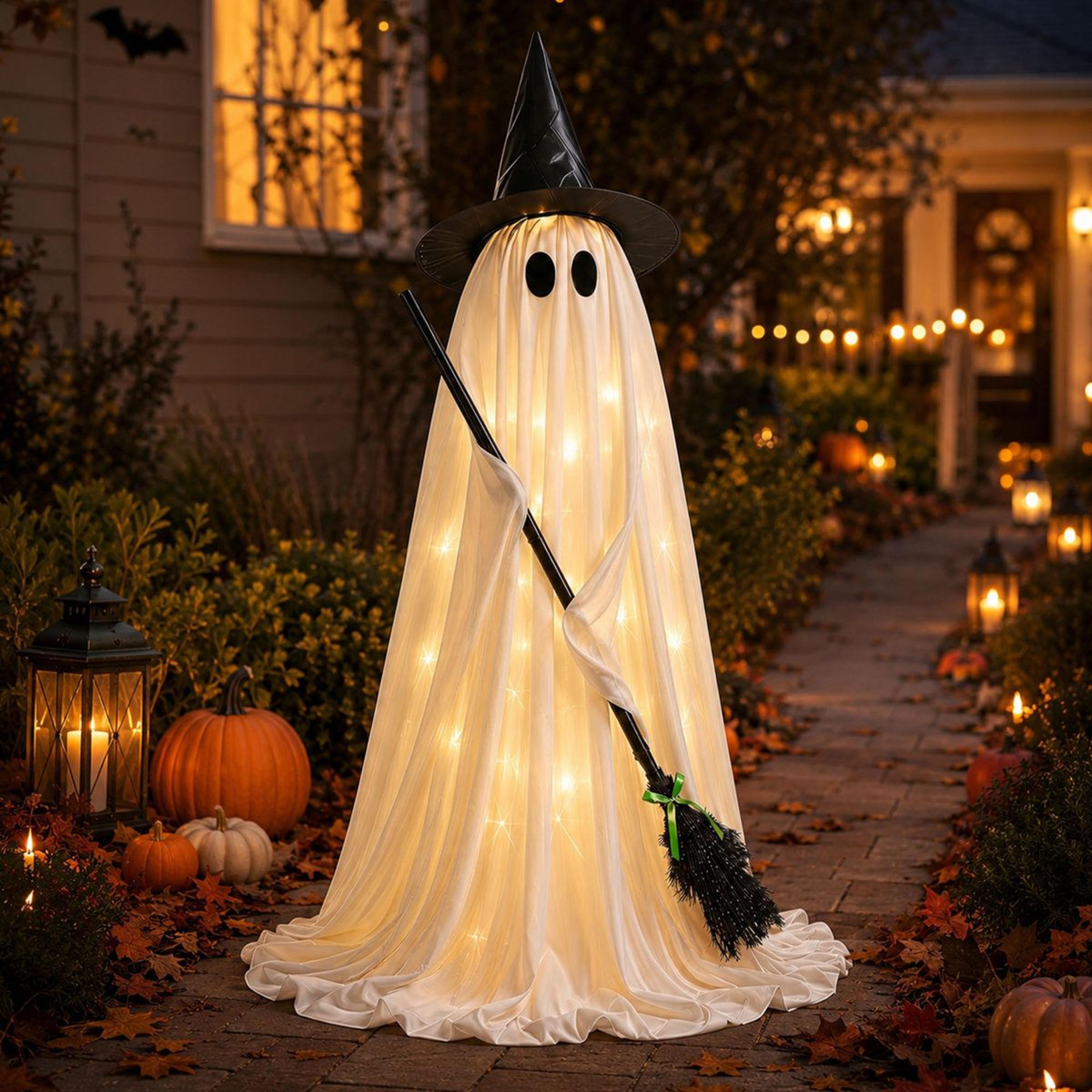 Lighted Halloween Ghost Porch Decoration With Witch Hat And Broom 3