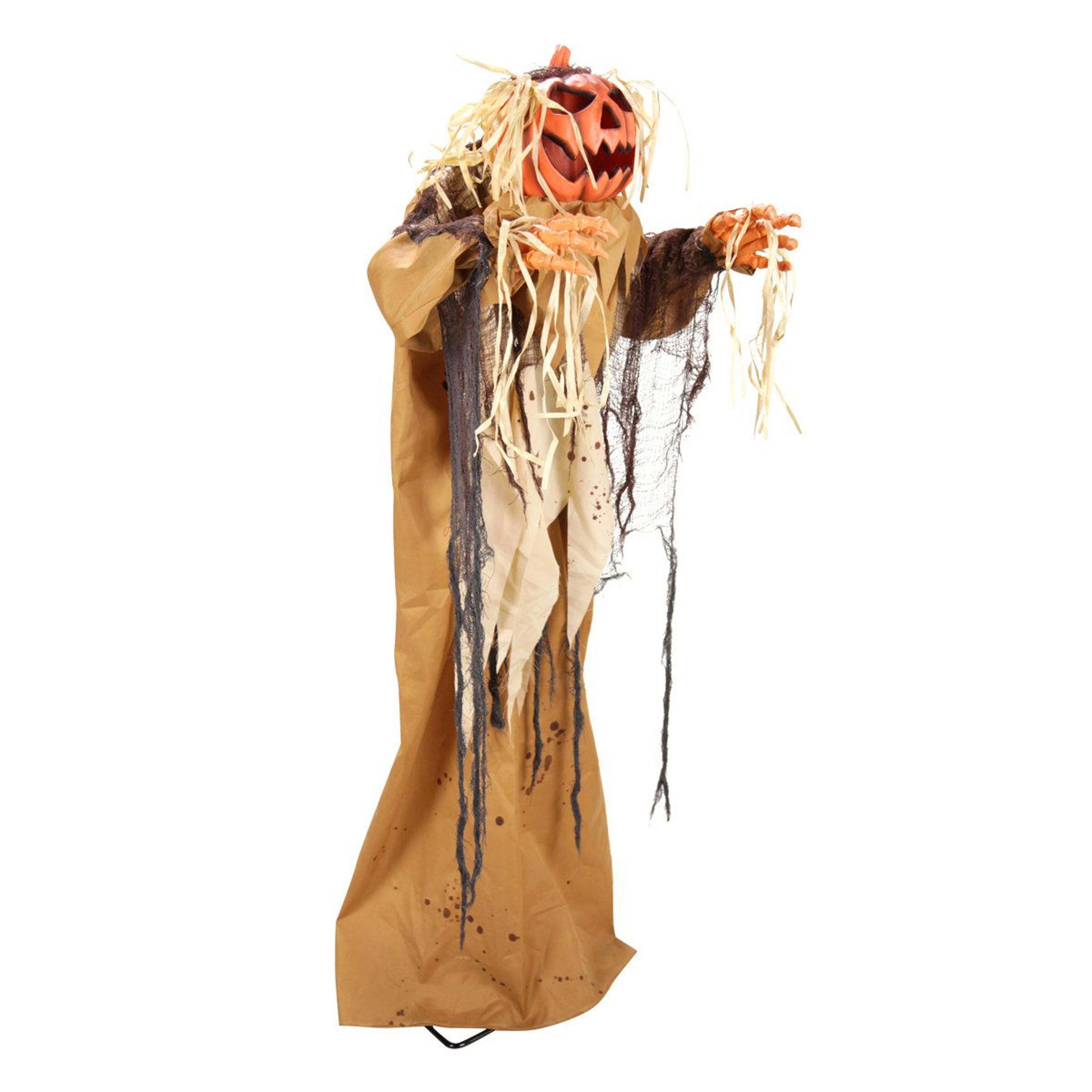 standing pumpkin man halloween animatronic with dropping head and red led light