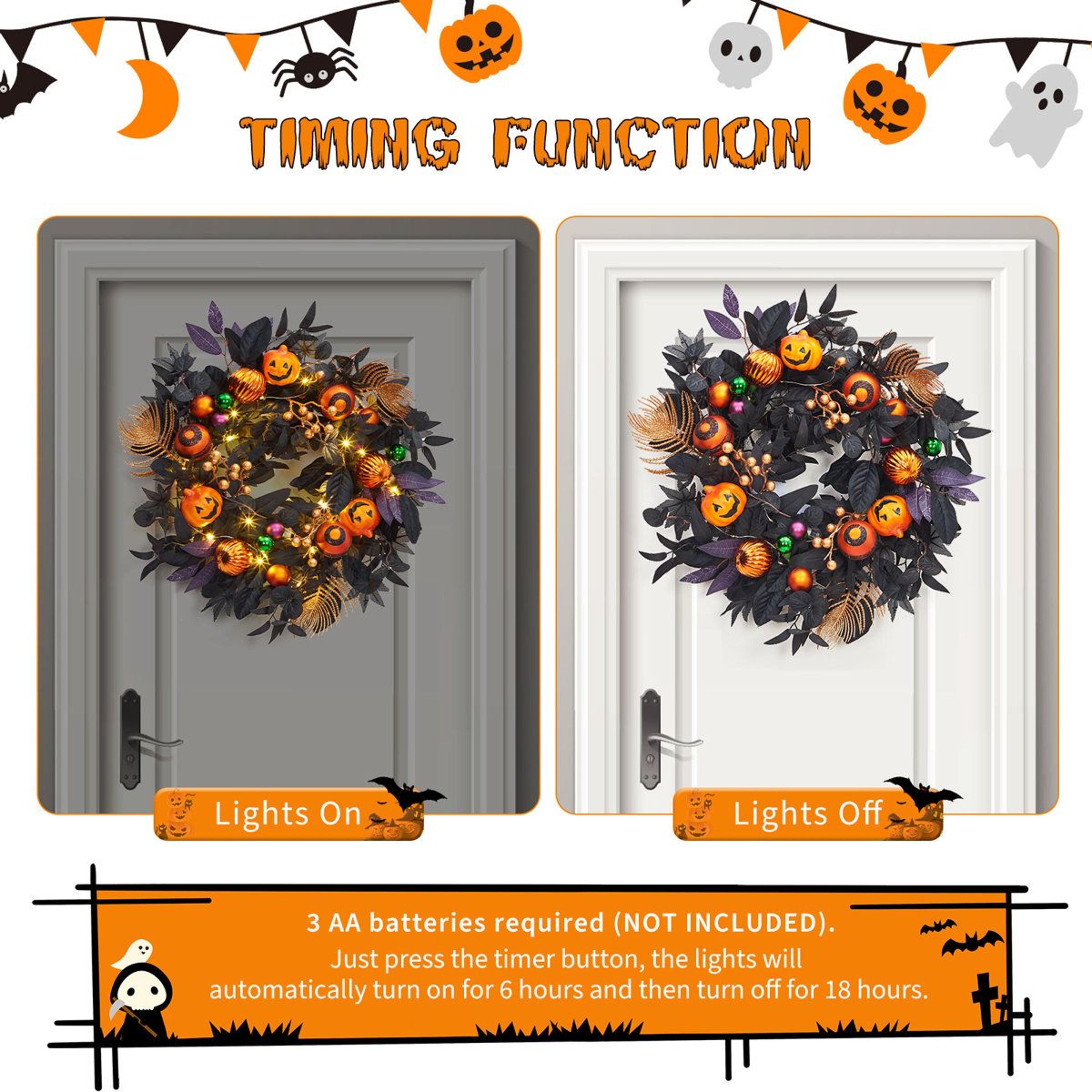 Light Up Halloween Wreath With Warm White LED Lights And Pumpkin Ornaments 1