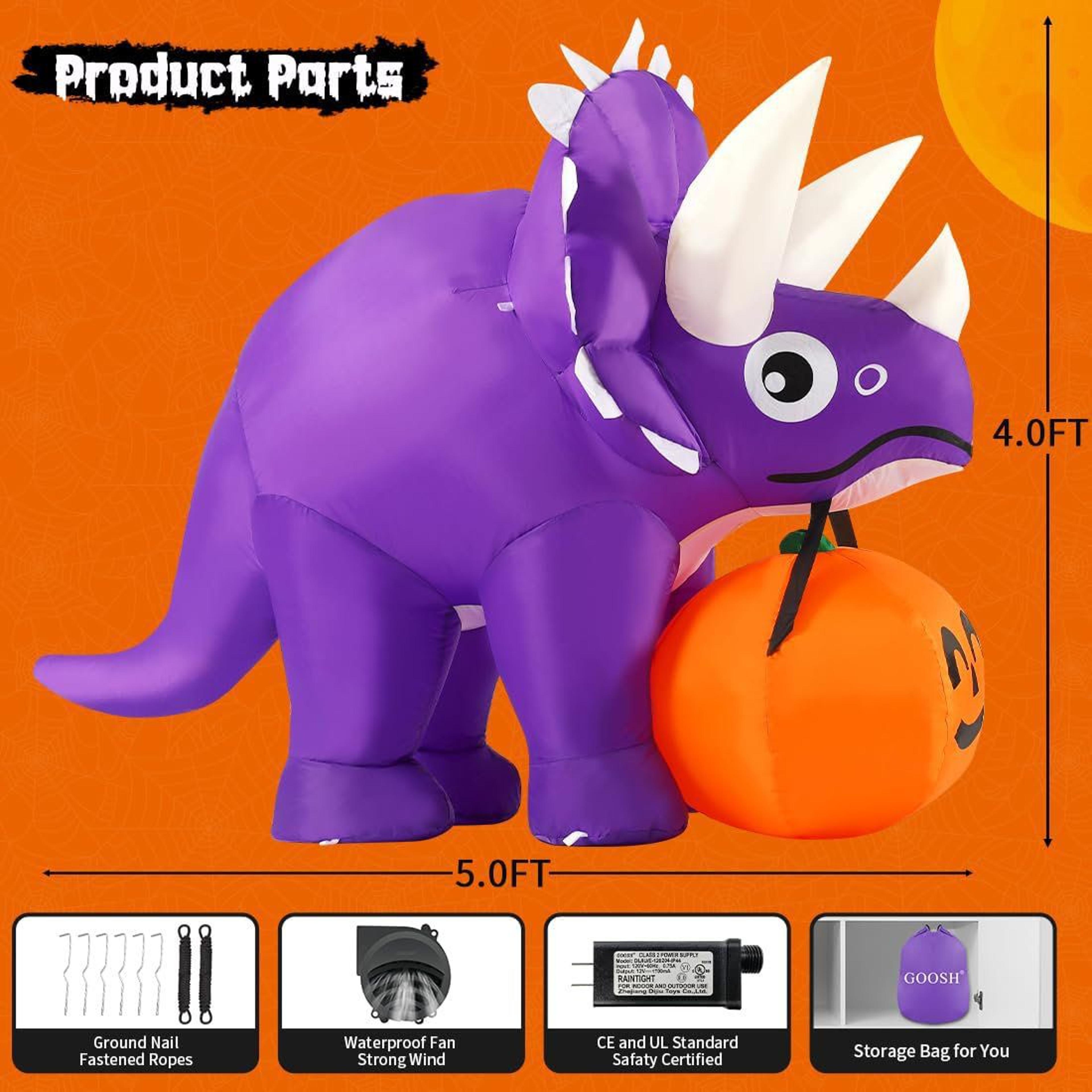 LED Halloween Inflatable Triceratops Dinosaur With Pumpkin Decoration 1