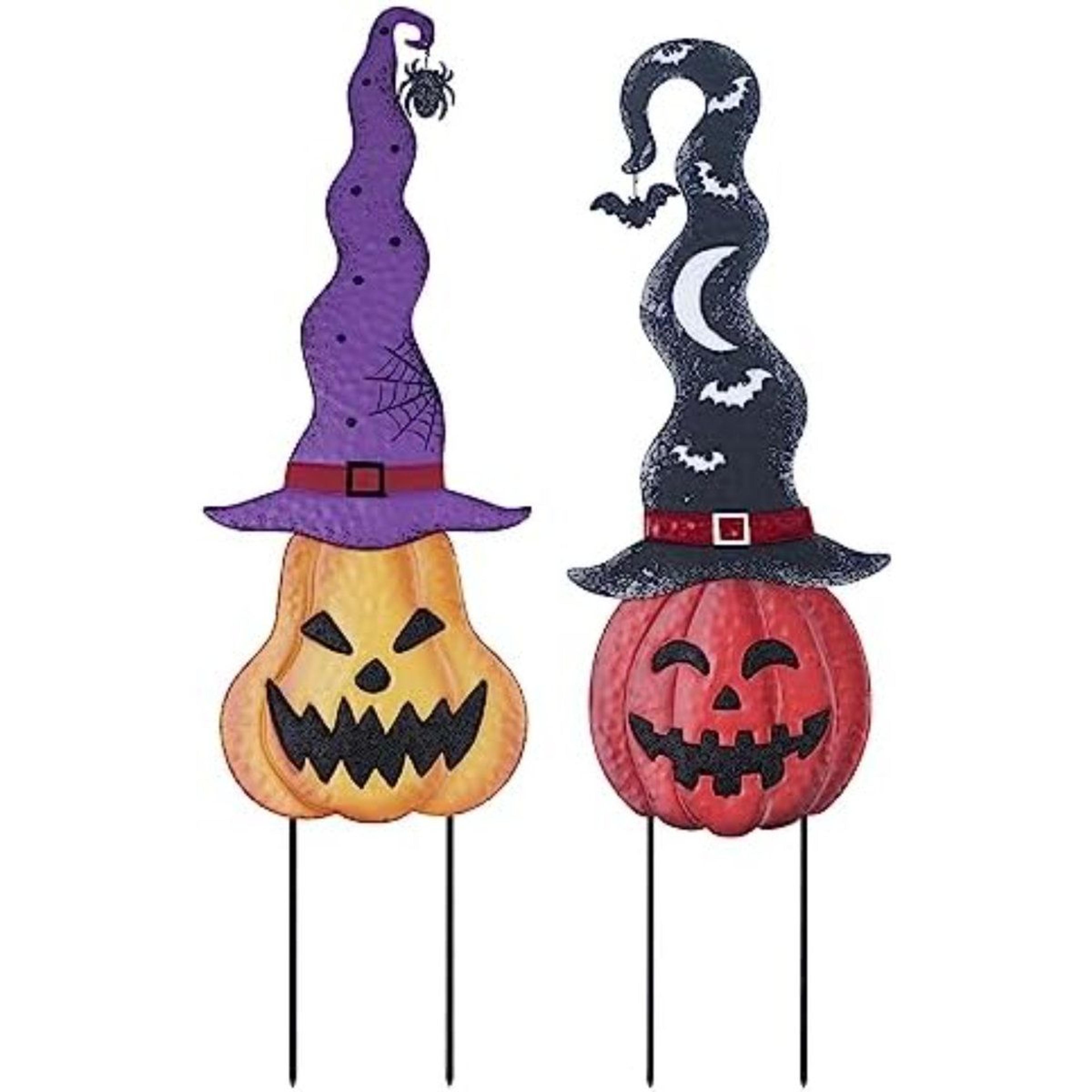 Halloween Pumpkin Garden Stakes With Witch Hats 3