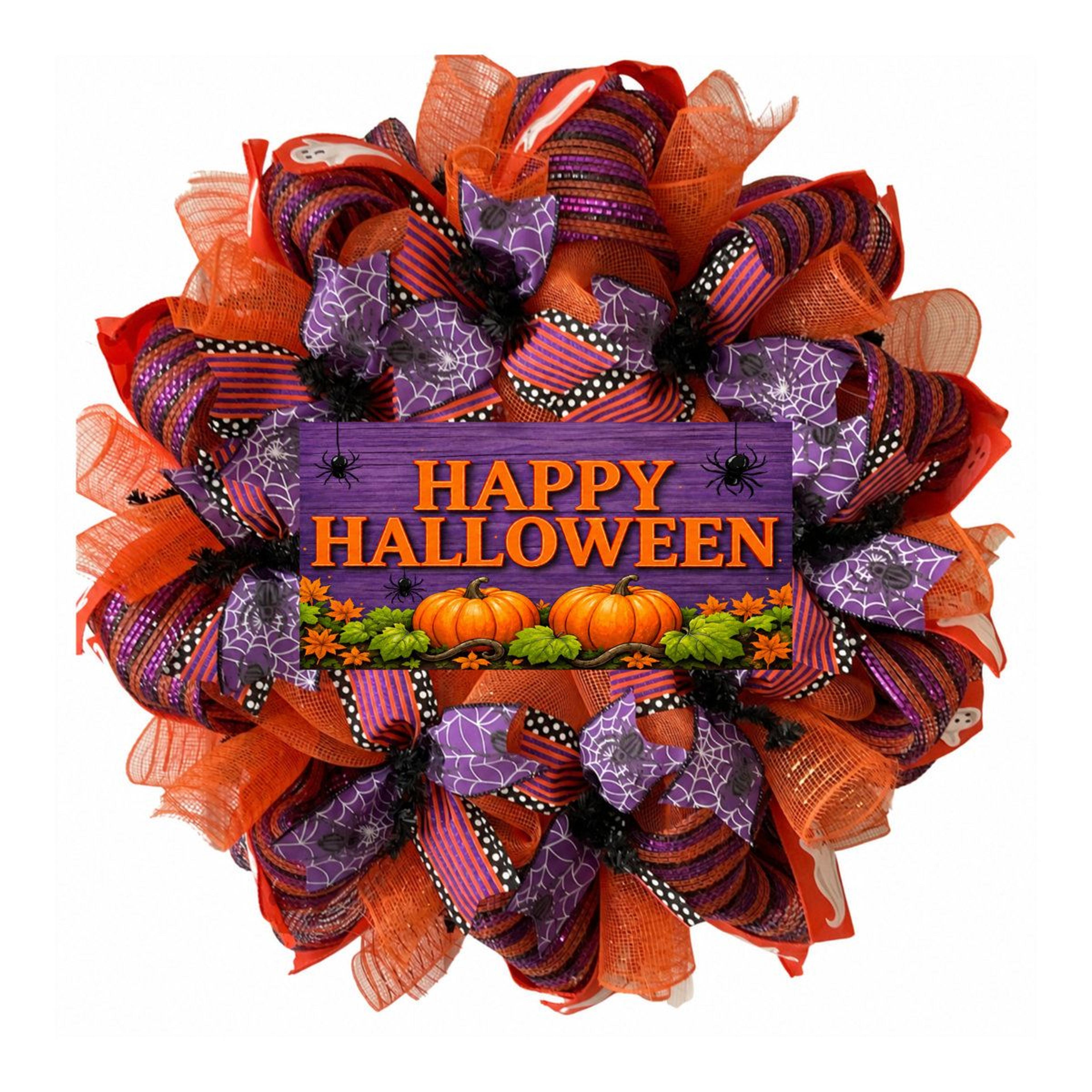 Handmade Halloween Wreath With Purple And Orange Deco Mesh 6