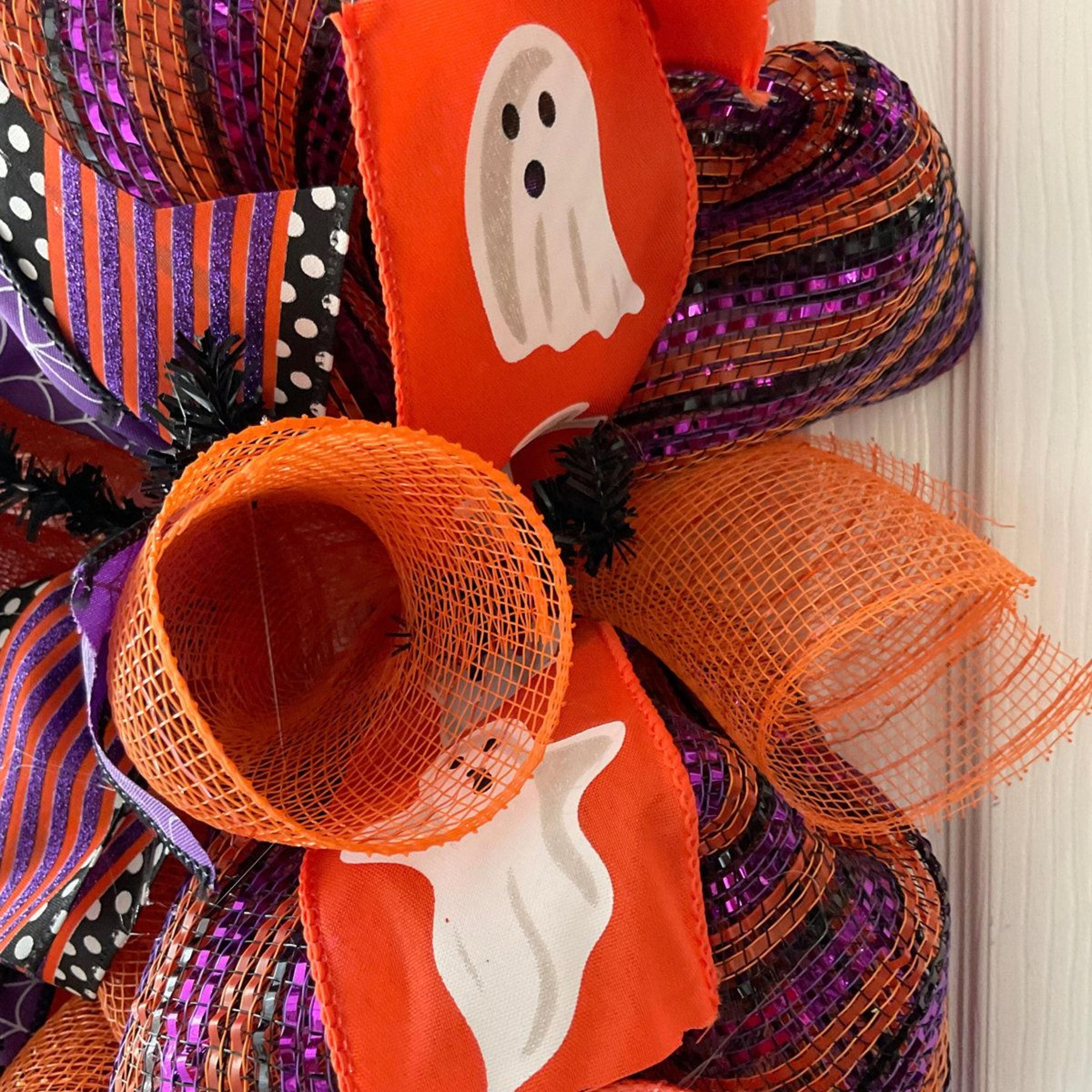 Handmade Halloween Wreath With Purple And Orange Deco Mesh 3