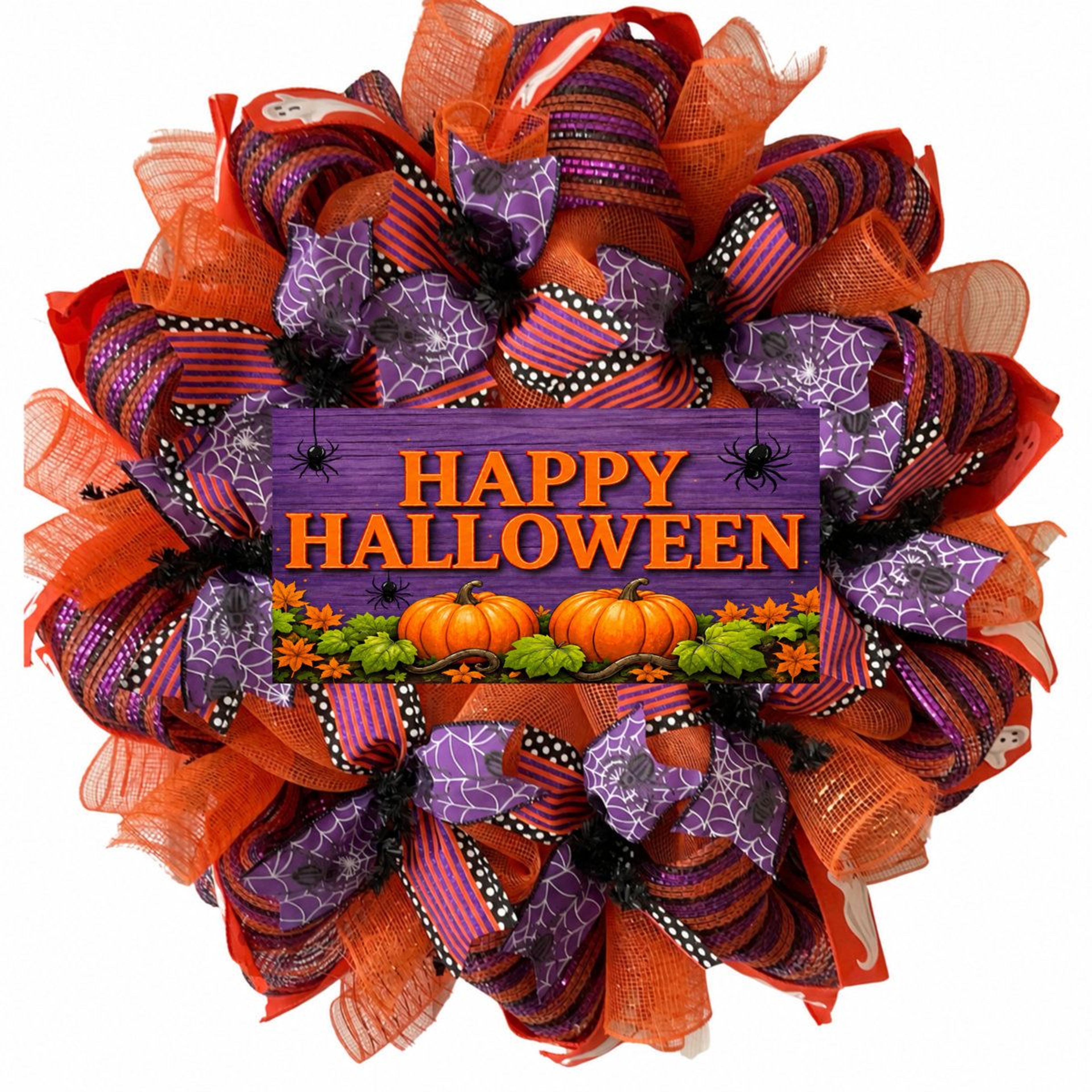 handmade halloween wreath with purple and orange deco mesh