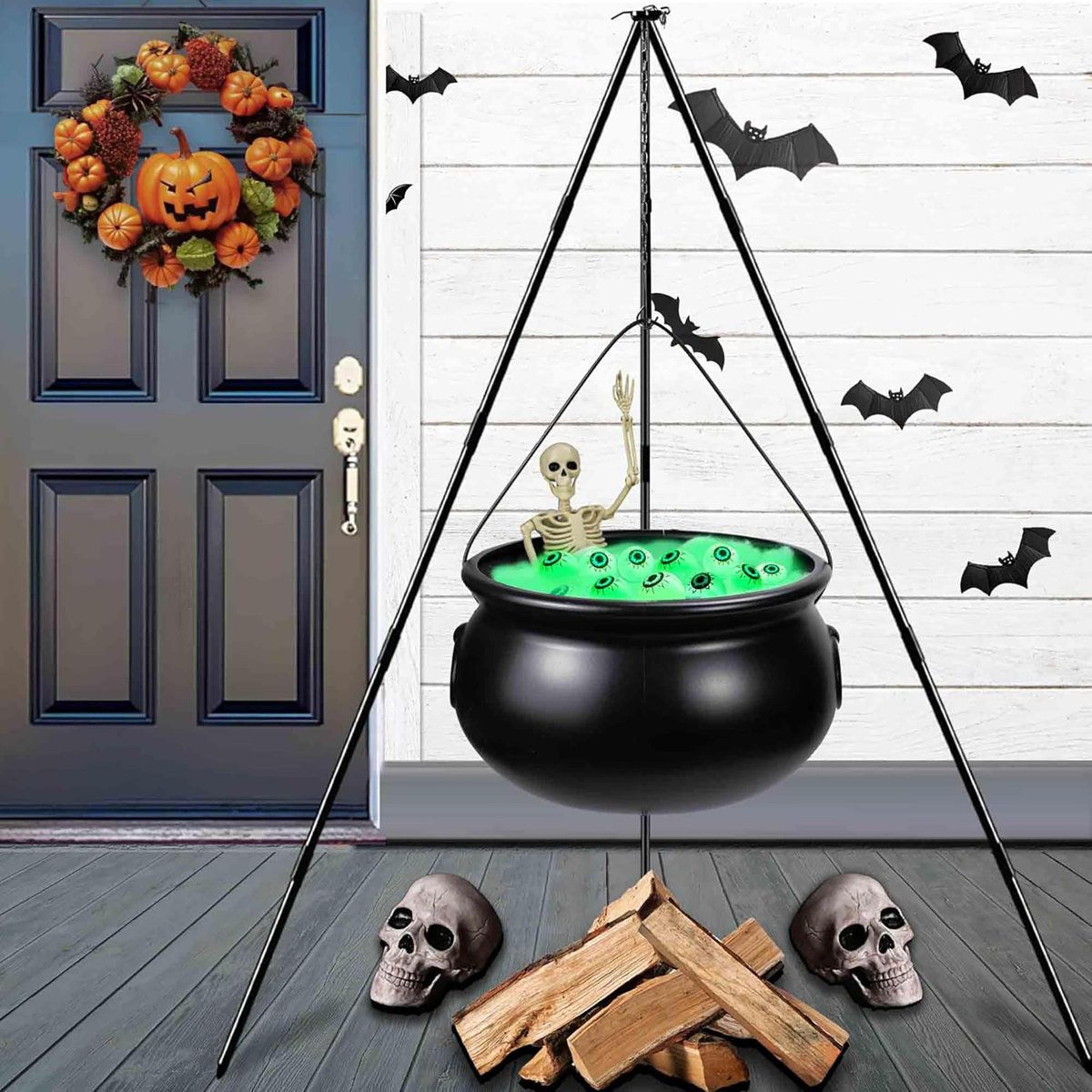 Halloween Witch Cauldron Decoration With Tripod Eyeball Lights And Skeleton 2