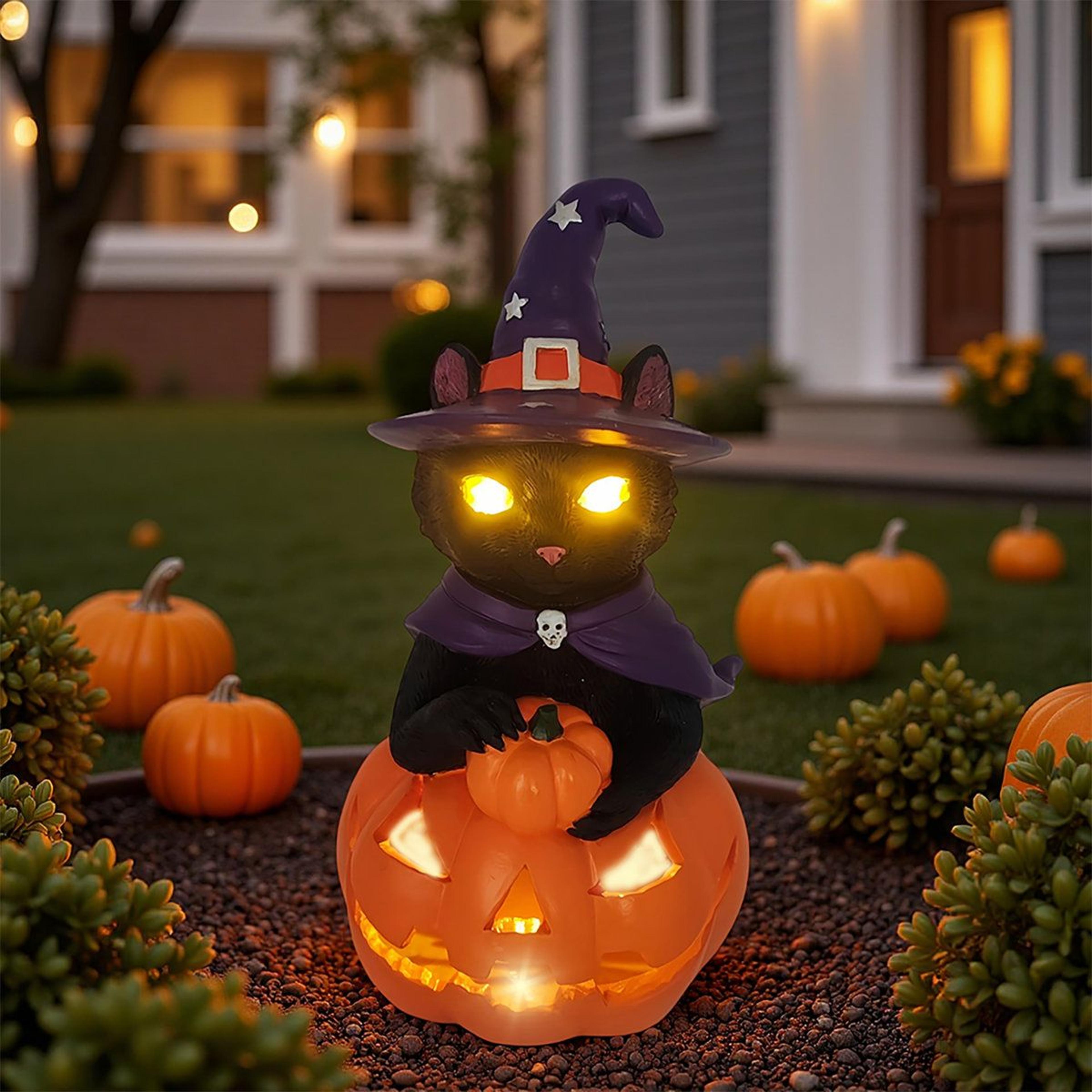 Halloween Black Cat Pumpkin Resin Garden Statue With LED Light 4
