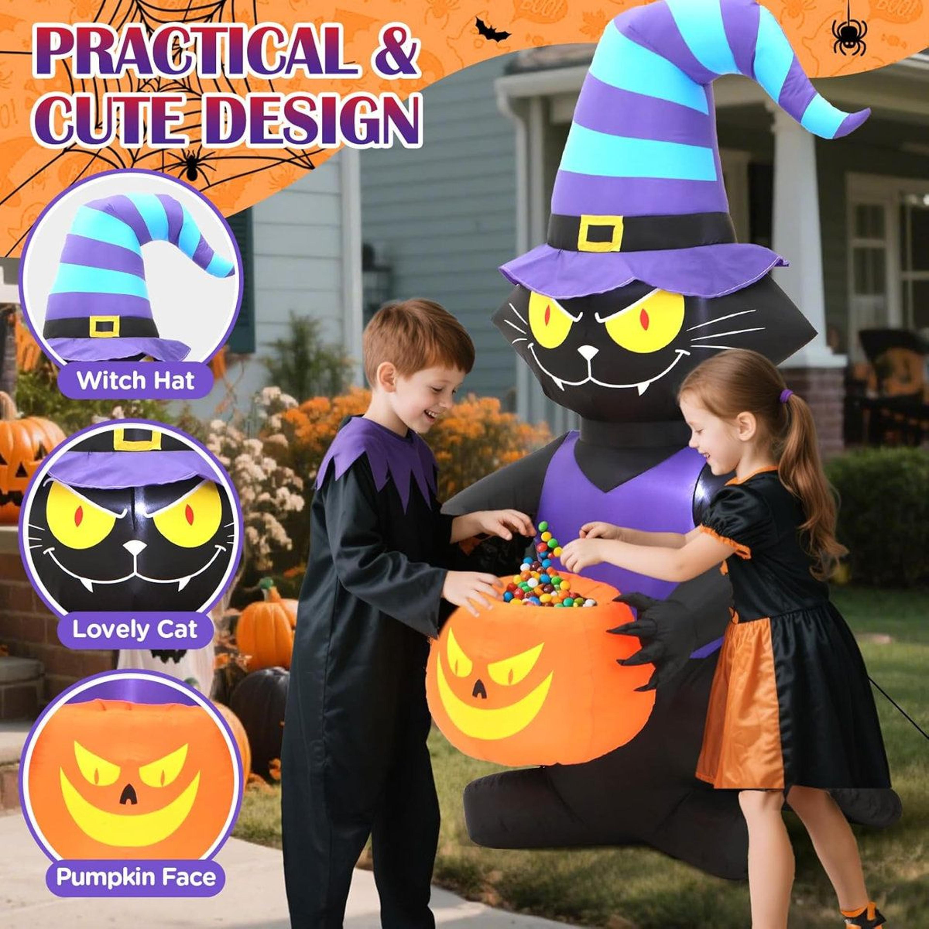 Halloween Inflatable Black Cat With Witch Hat And LED Lights 1