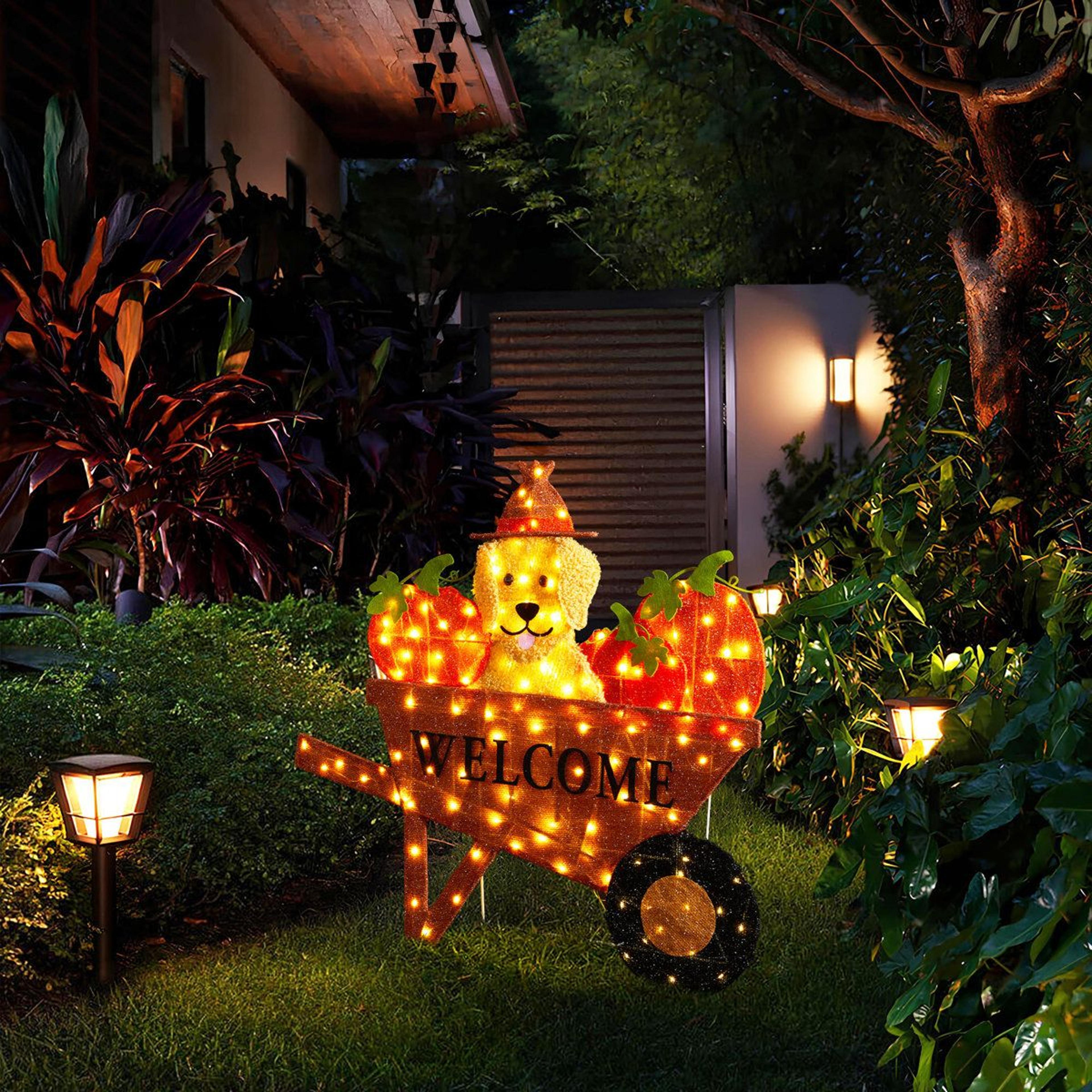 Lighted Fall Pumpkin Wheelbarrow With Labrador Dog And Warm White LED Lights 4