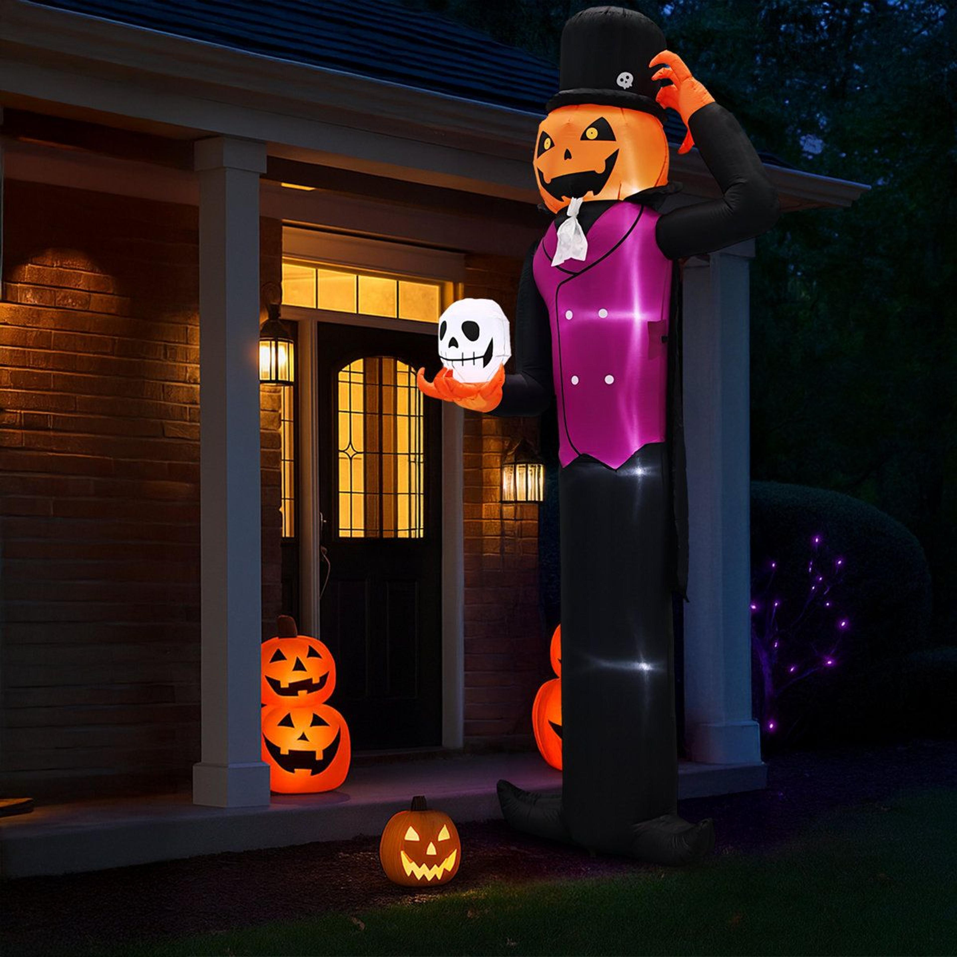 Halloween Inflatable Pumpkin Man Holding Skull With LED Lights For Outdoor Decor 4