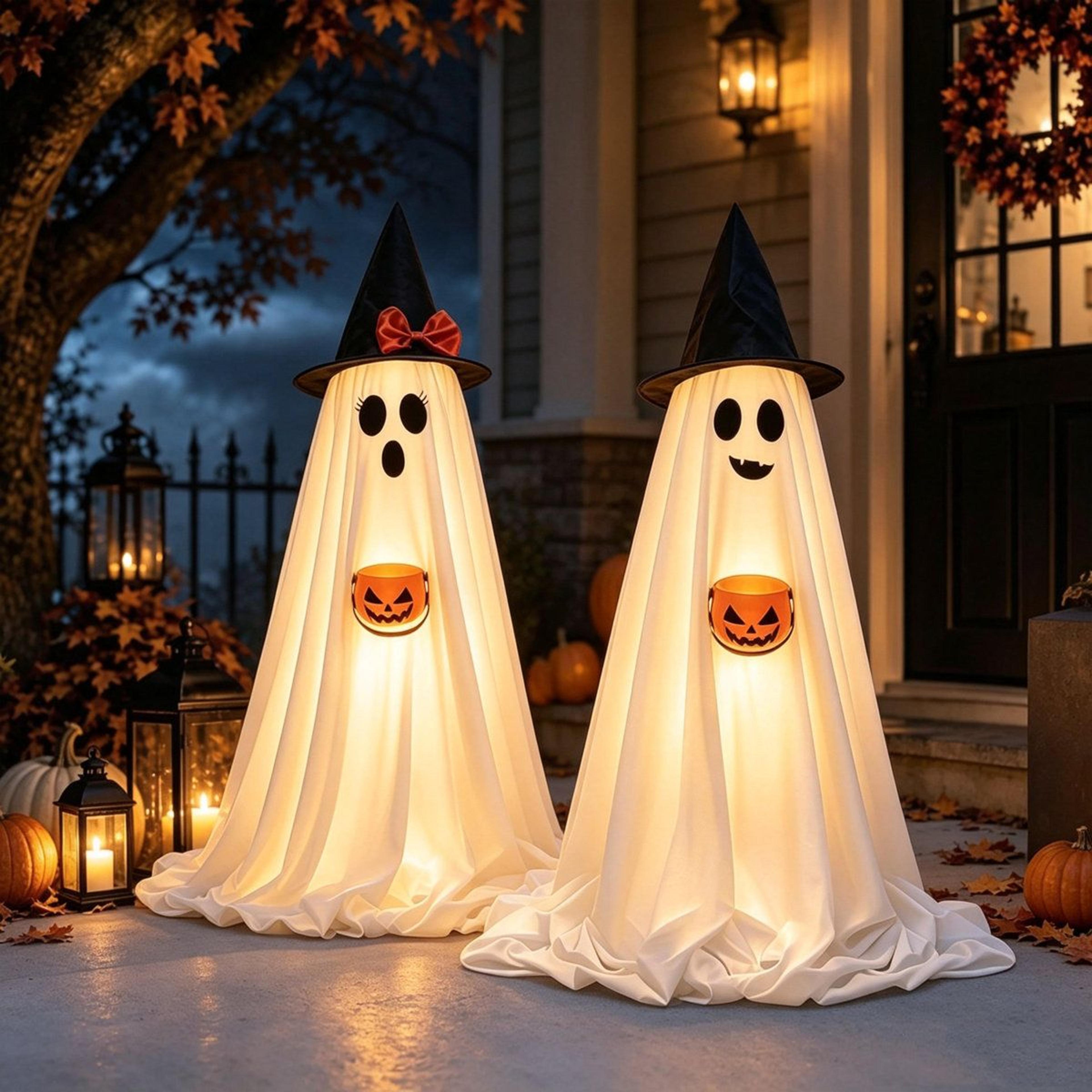 halloween led ghost decorations with witch hats and pumpkin buckets