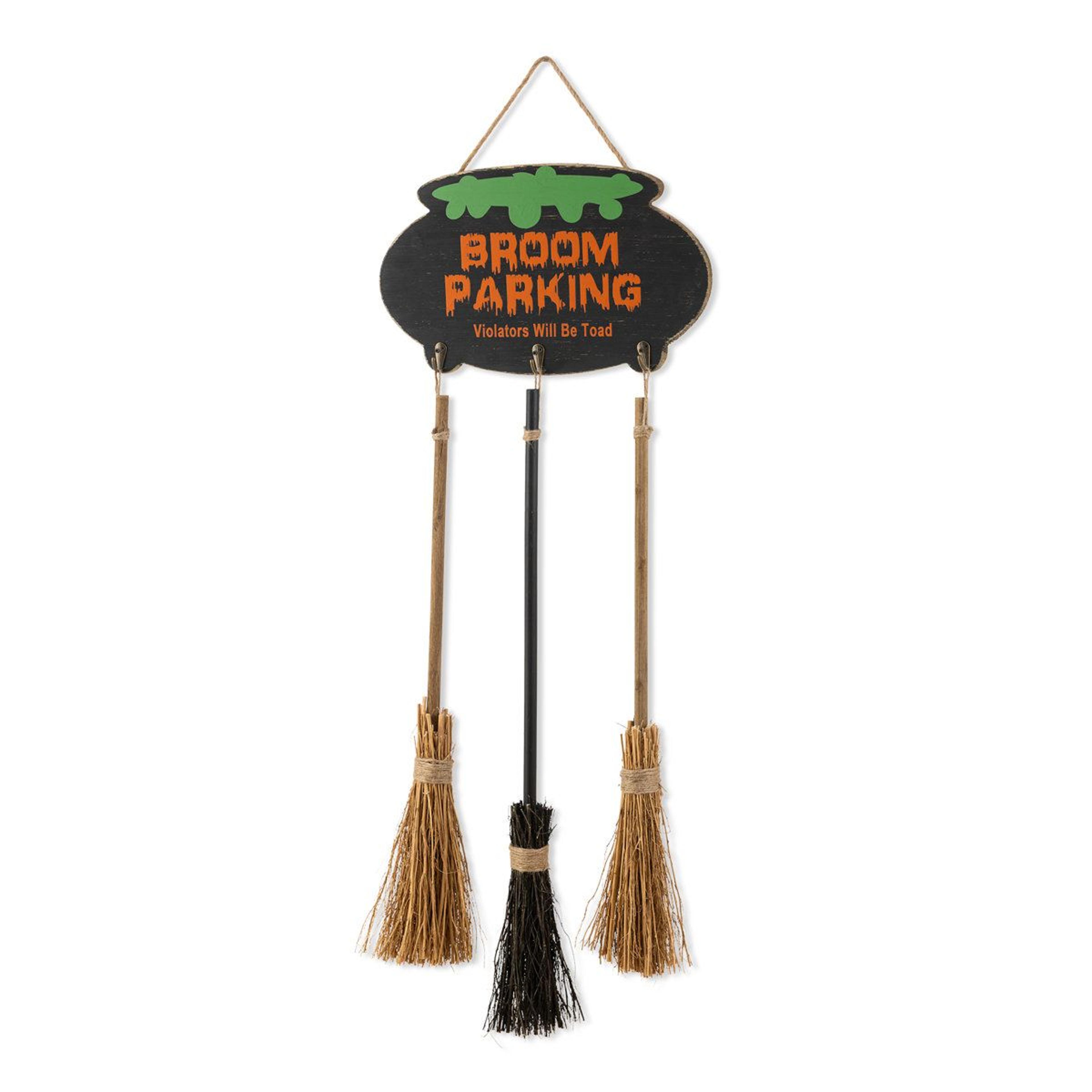 halloween wooden cauldron and broom porch decoration
