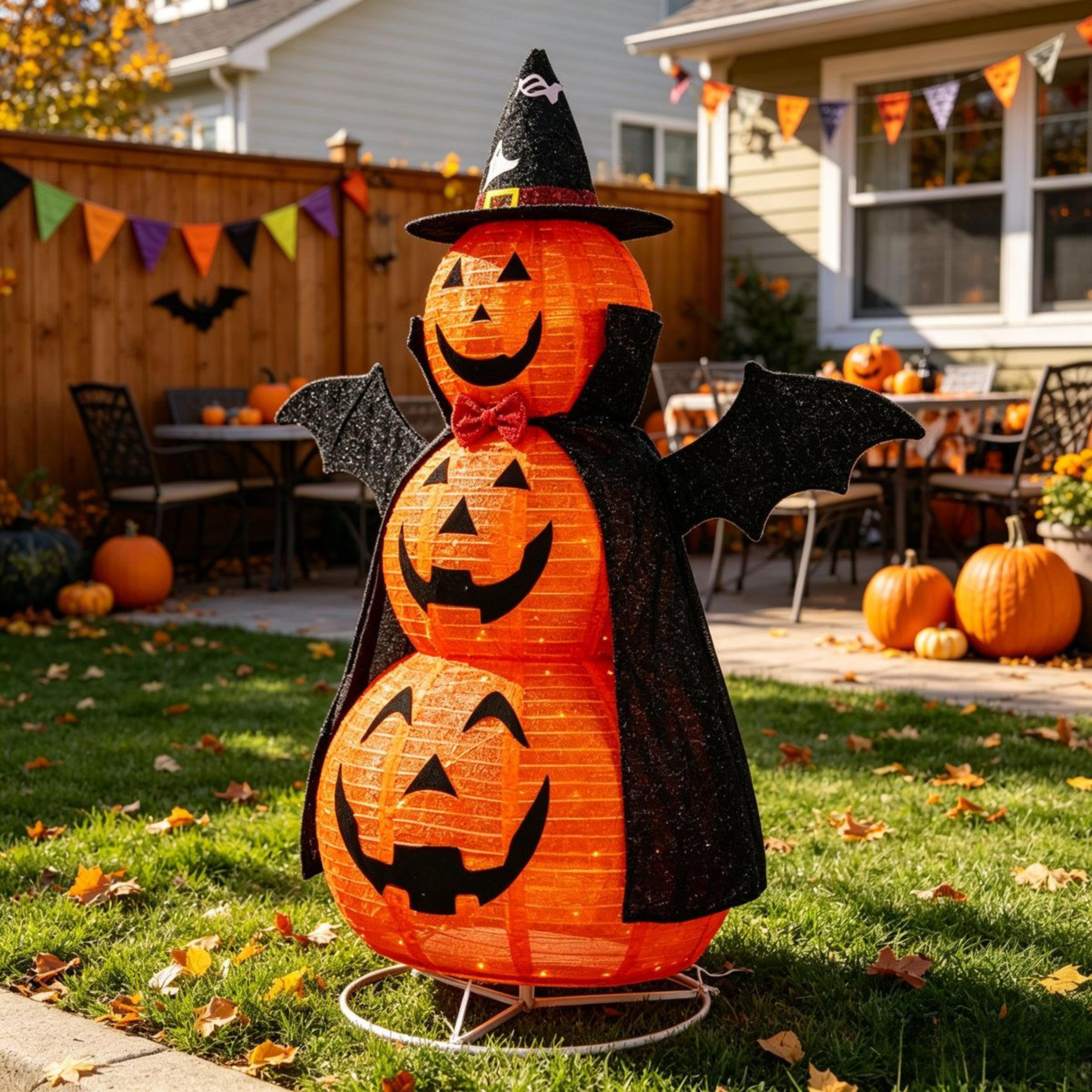 Lighted Stacked Pumpkin Halloween Decoration With Witch Hat And Bat Wings 3