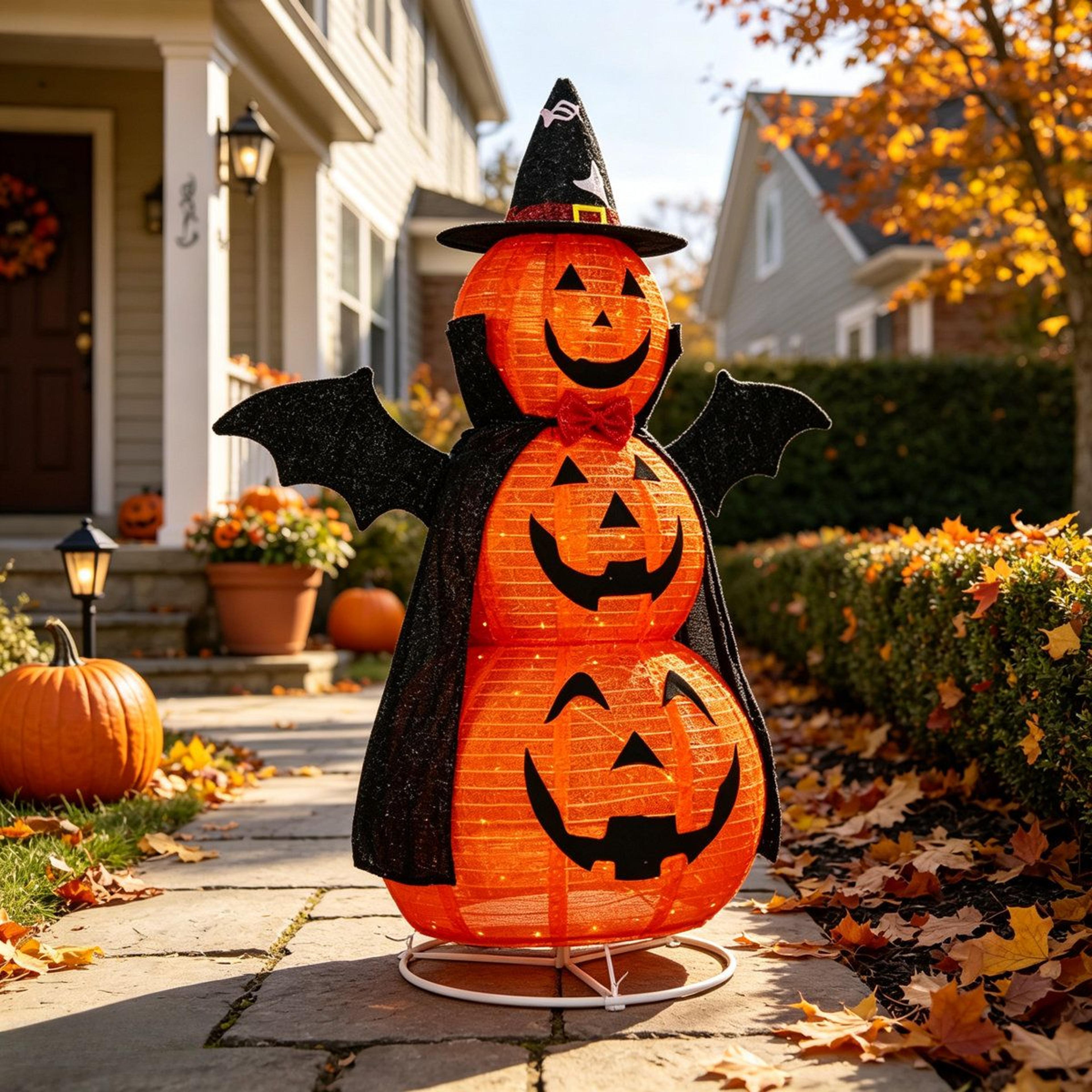 Lighted Stacked Pumpkin Halloween Decoration With Witch Hat And Bat Wings 6