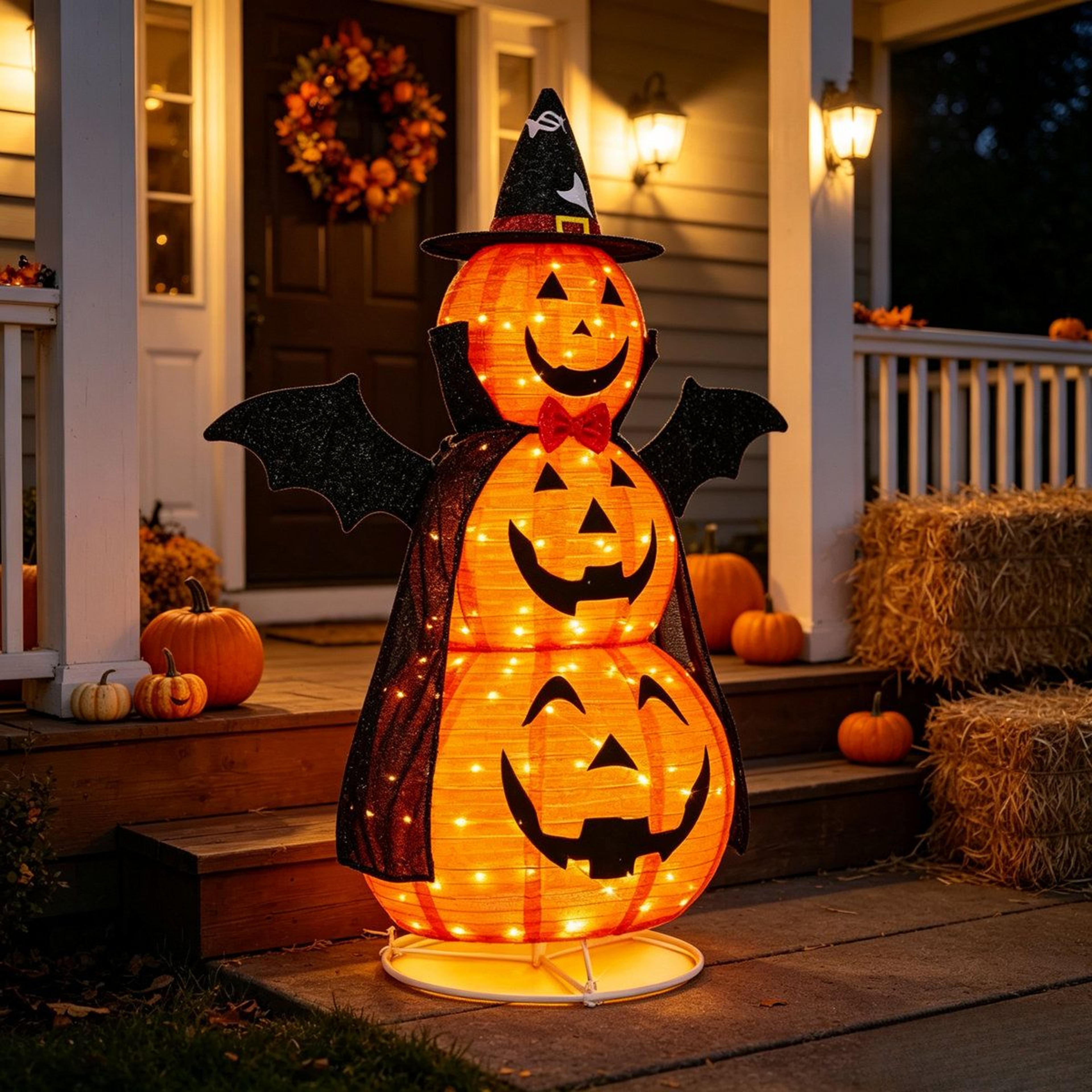 Lighted Stacked Pumpkin Halloween Decoration With Witch Hat And Bat Wings 4