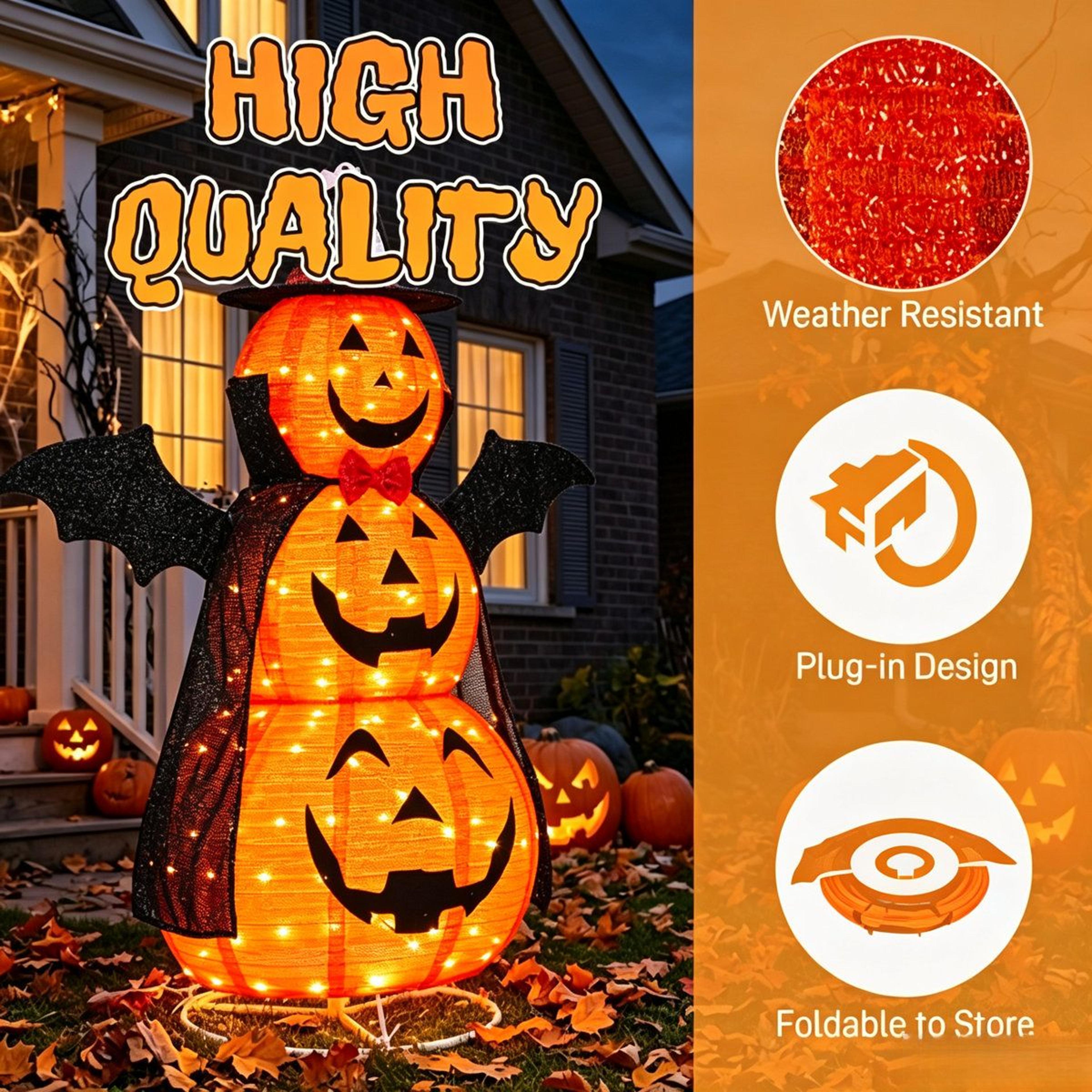 Lighted Stacked Pumpkin Halloween Decoration With Witch Hat And Bat Wings 1