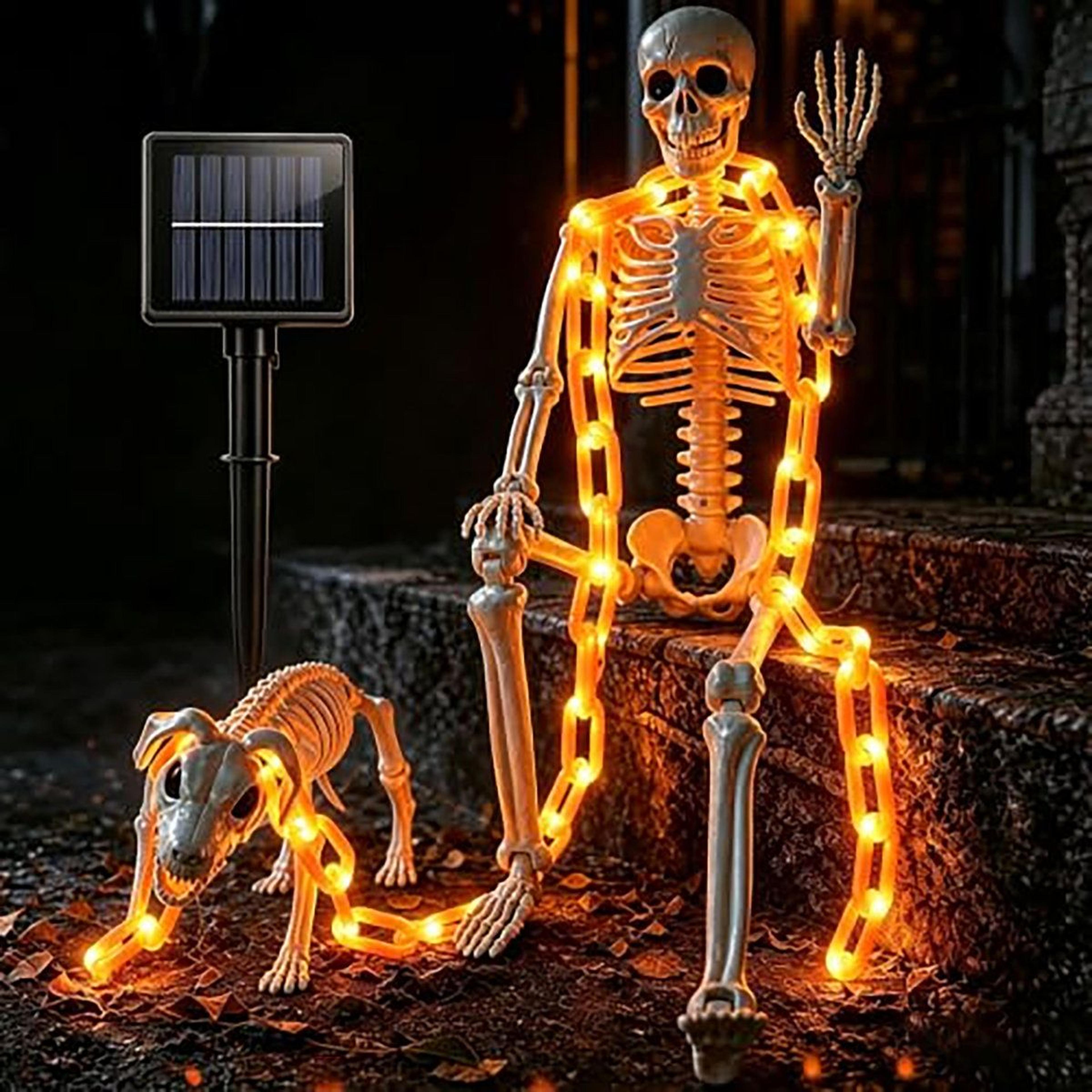 halloween skeleton and dog decoration with solar light chain and lighting modes