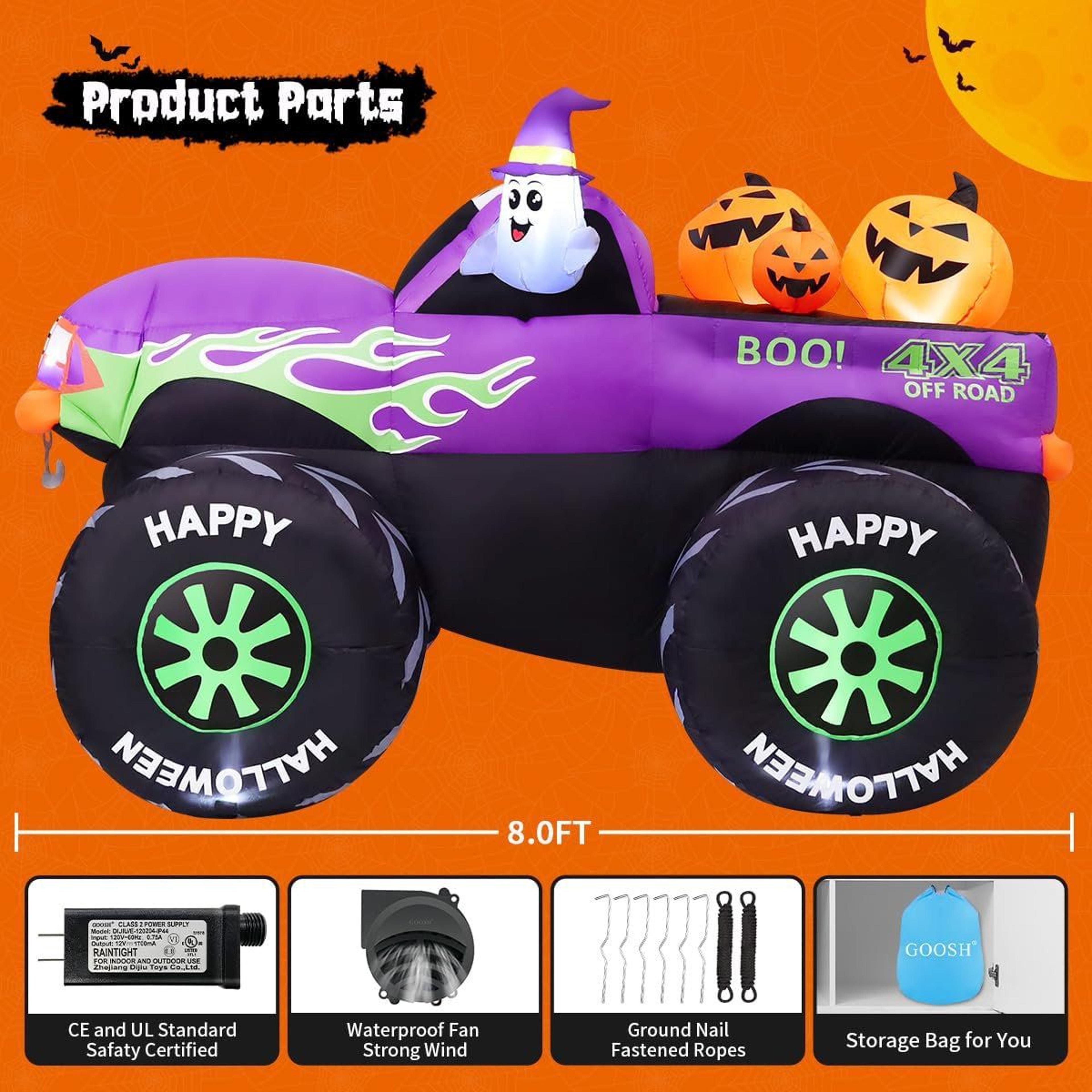Halloween Inflatable Monster Truck With Ghost Pumpkin And LED Lights 5