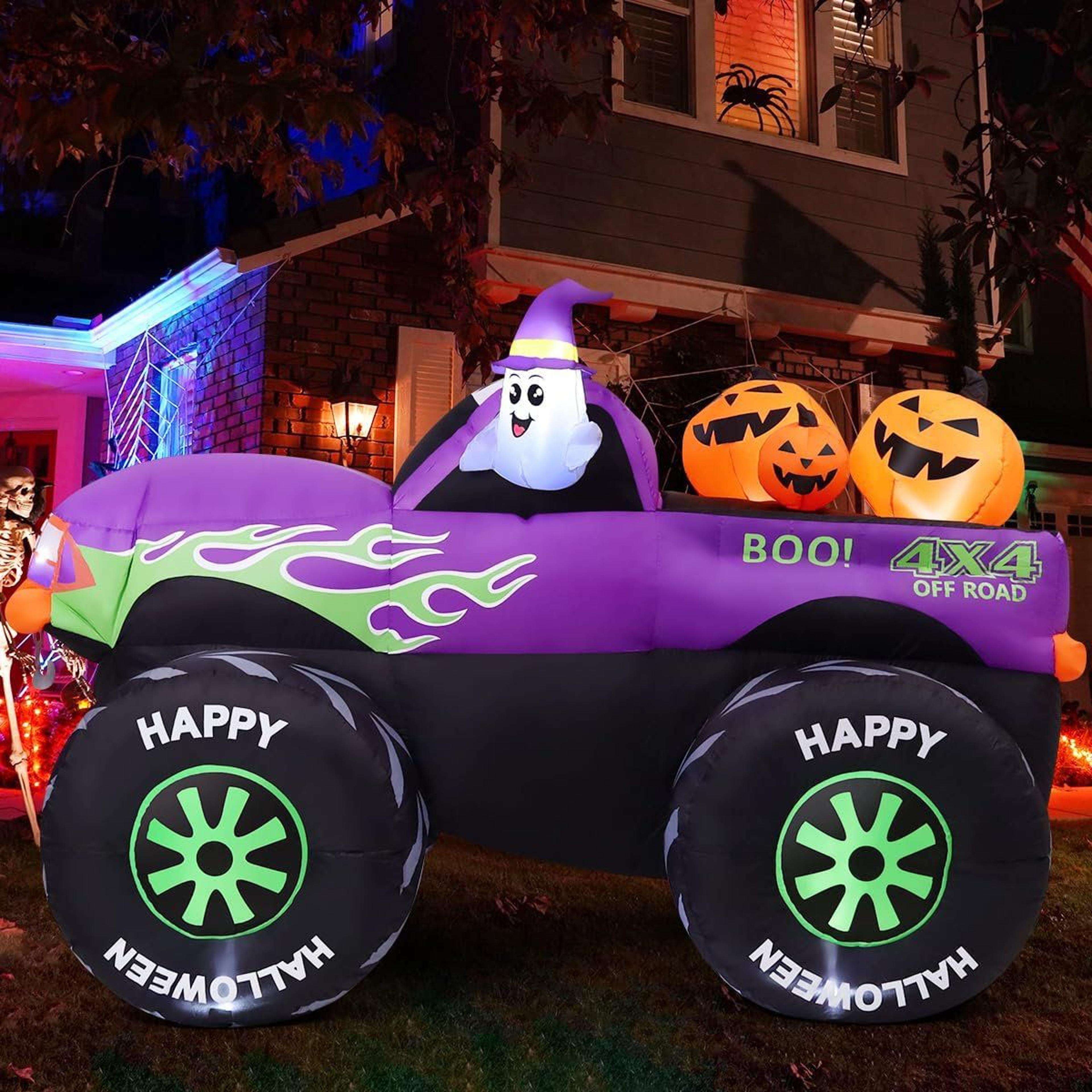 Halloween Inflatable Monster Truck With Ghost Pumpkin And LED Lights 3