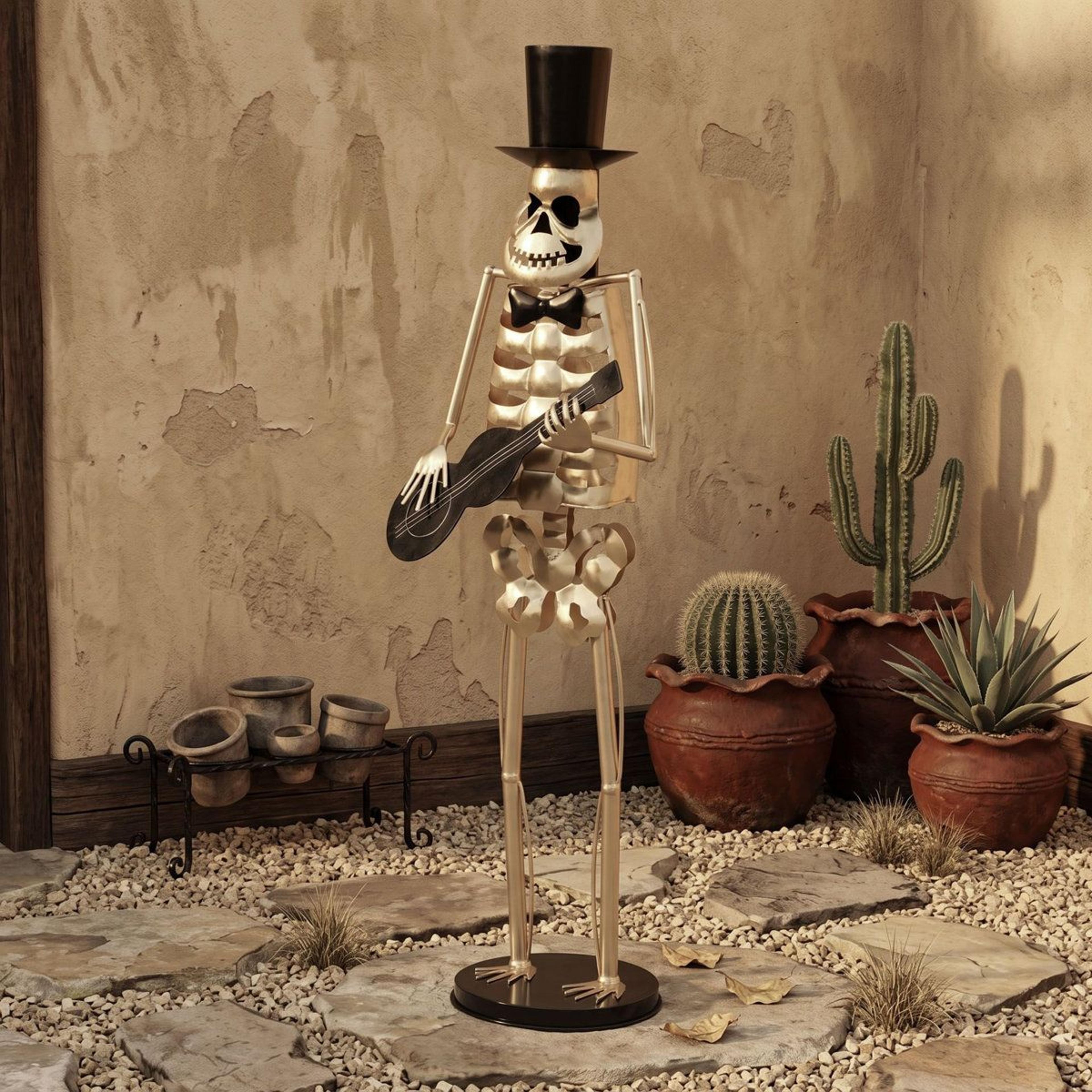 Metal Guitarist Skeleton Statue With Top Hat And Bow Tie Gold Halloween Decor 3