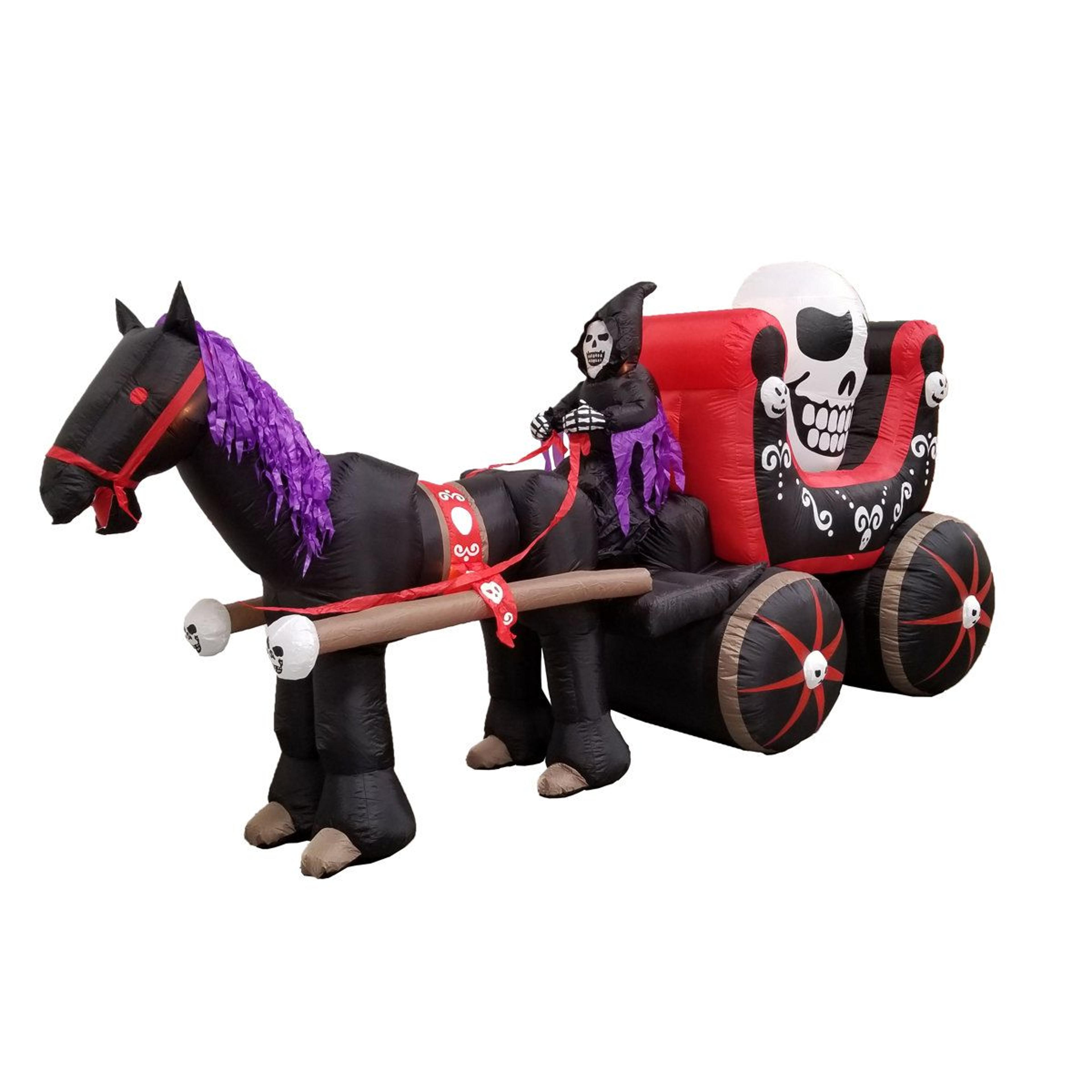 lighted halloween inflatable carriage with skeleton ghost and giant skull