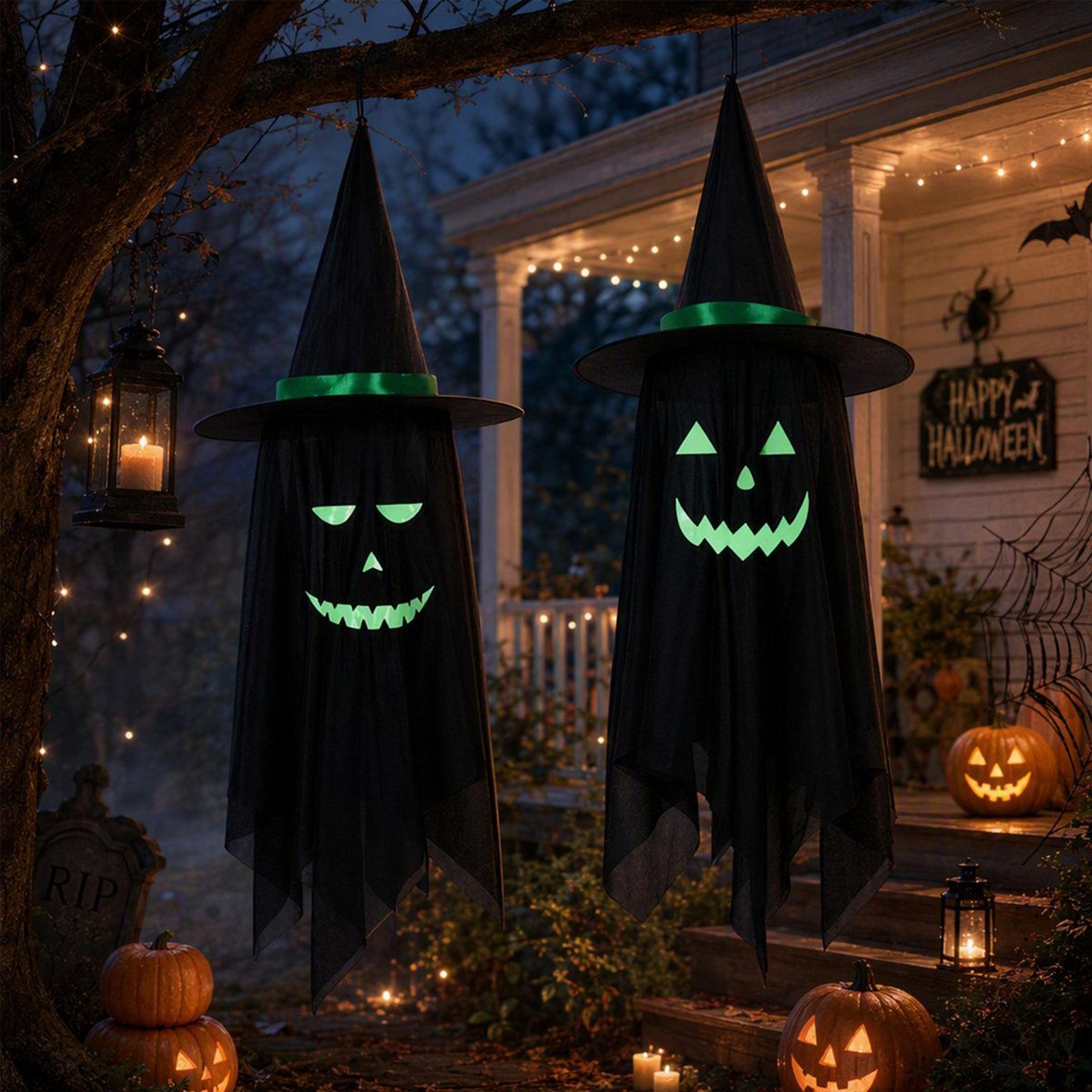Halloween Hanging Ghost Decorations With Witch Hats And Glow In The Dark Face Stickers 3