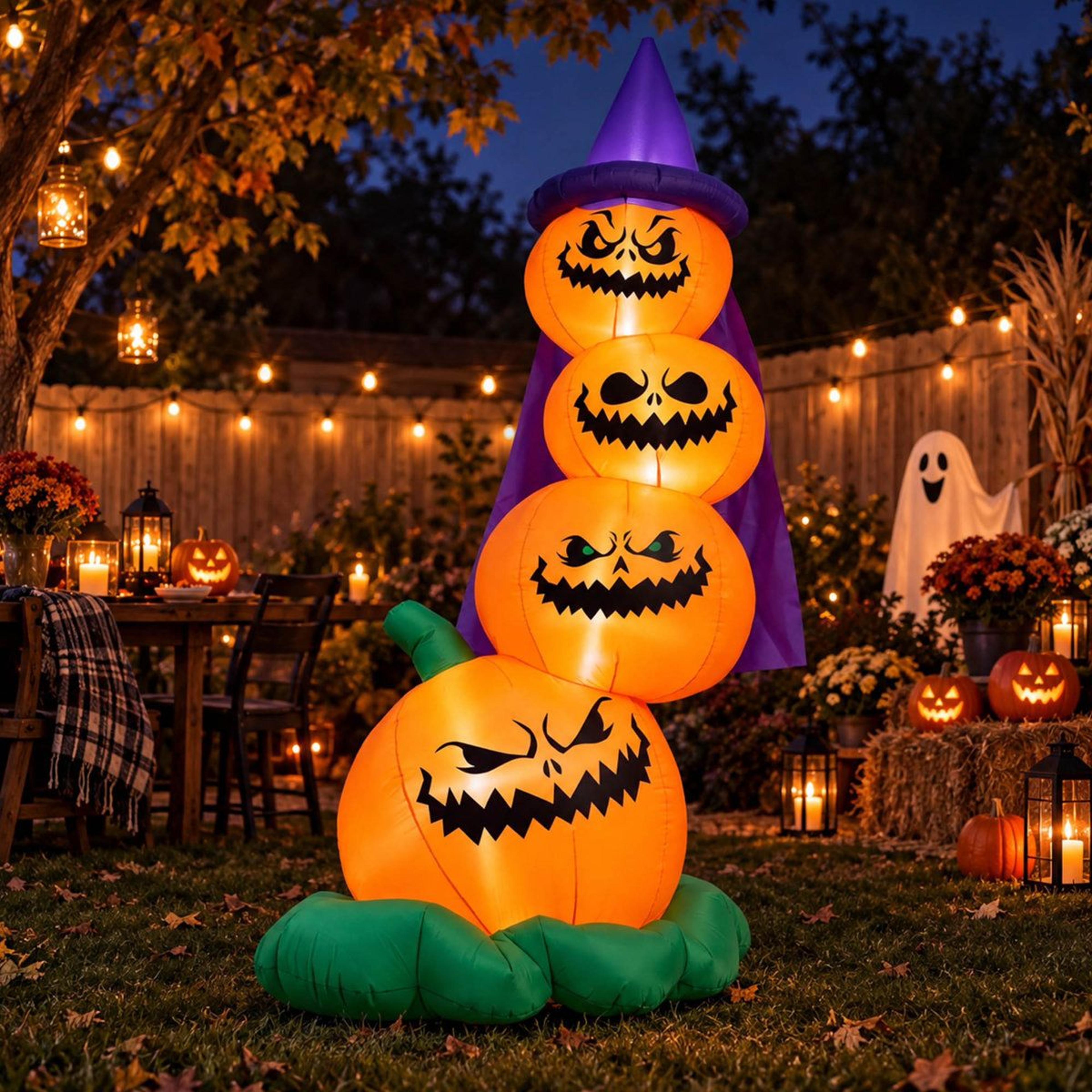 Halloween Inflatable Stacked Pumpkins With Witch Hat And LED Lights 3