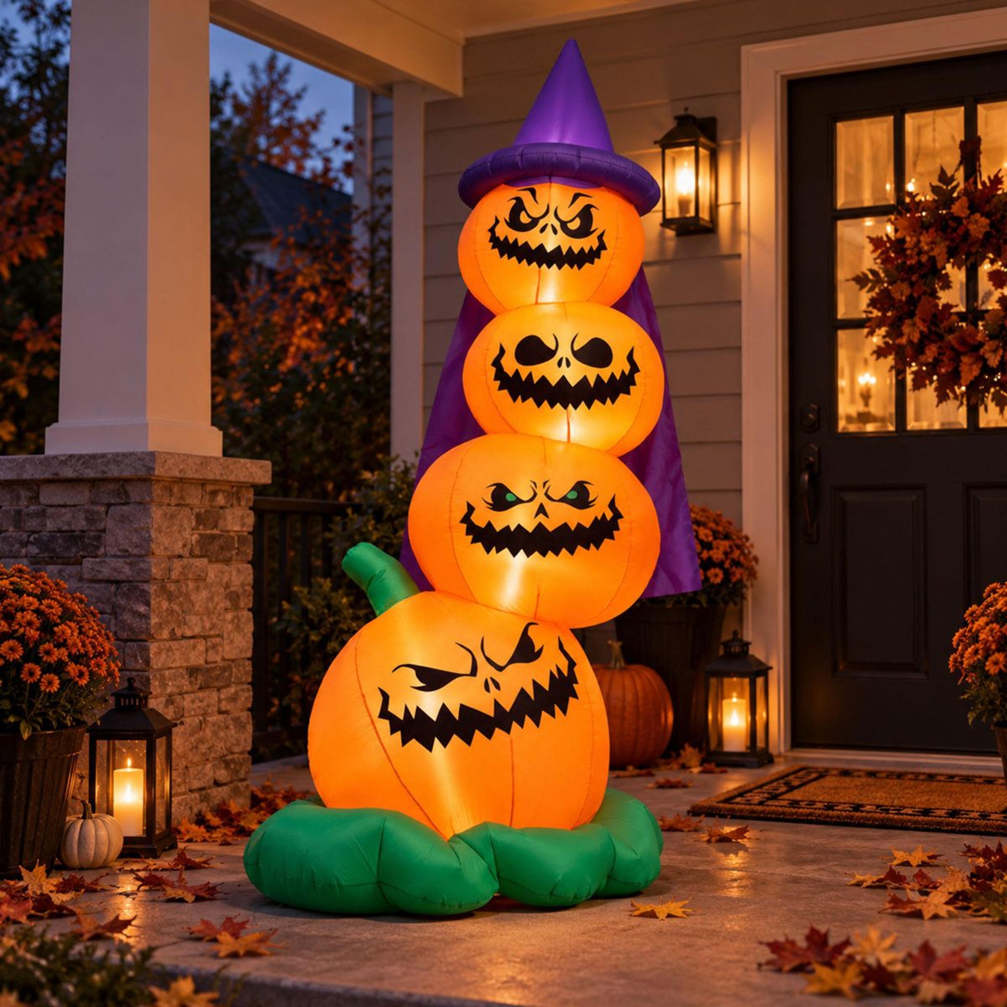Halloween Inflatable Stacked Pumpkins With Witch Hat And LED Lights 2