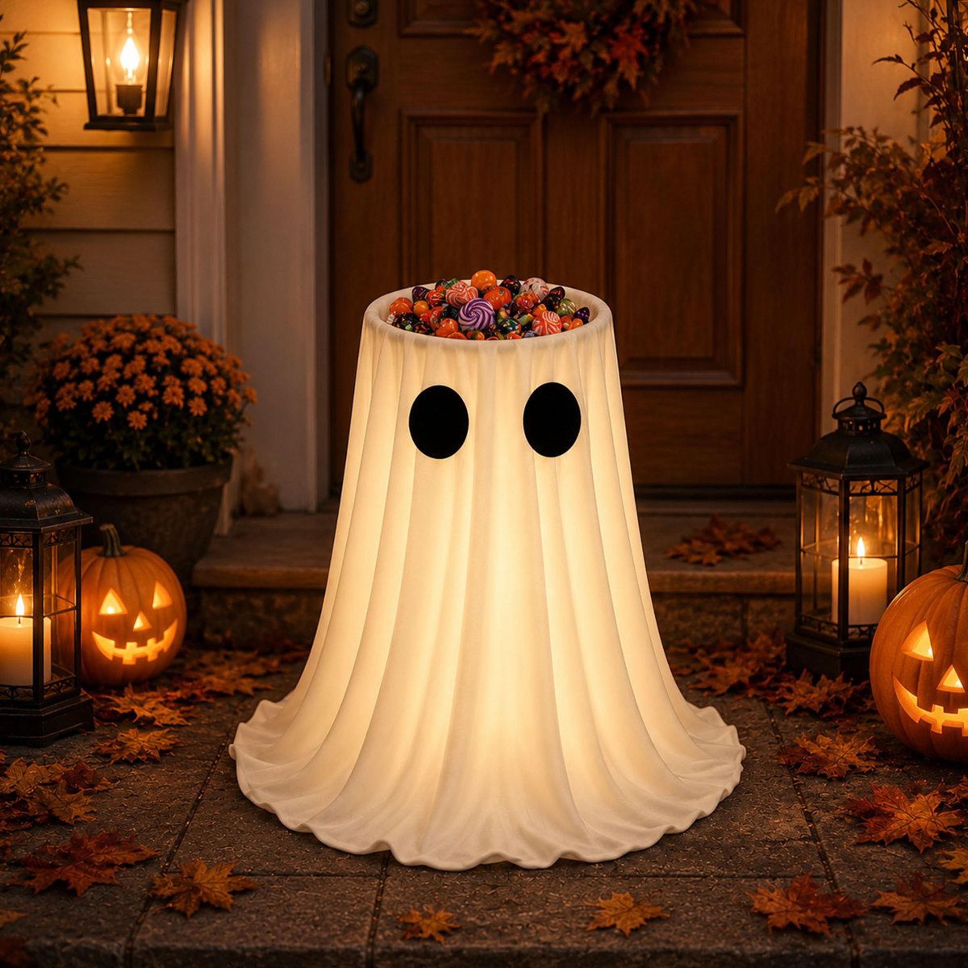 light up halloween ghost candy bowl with led lights and remote timer