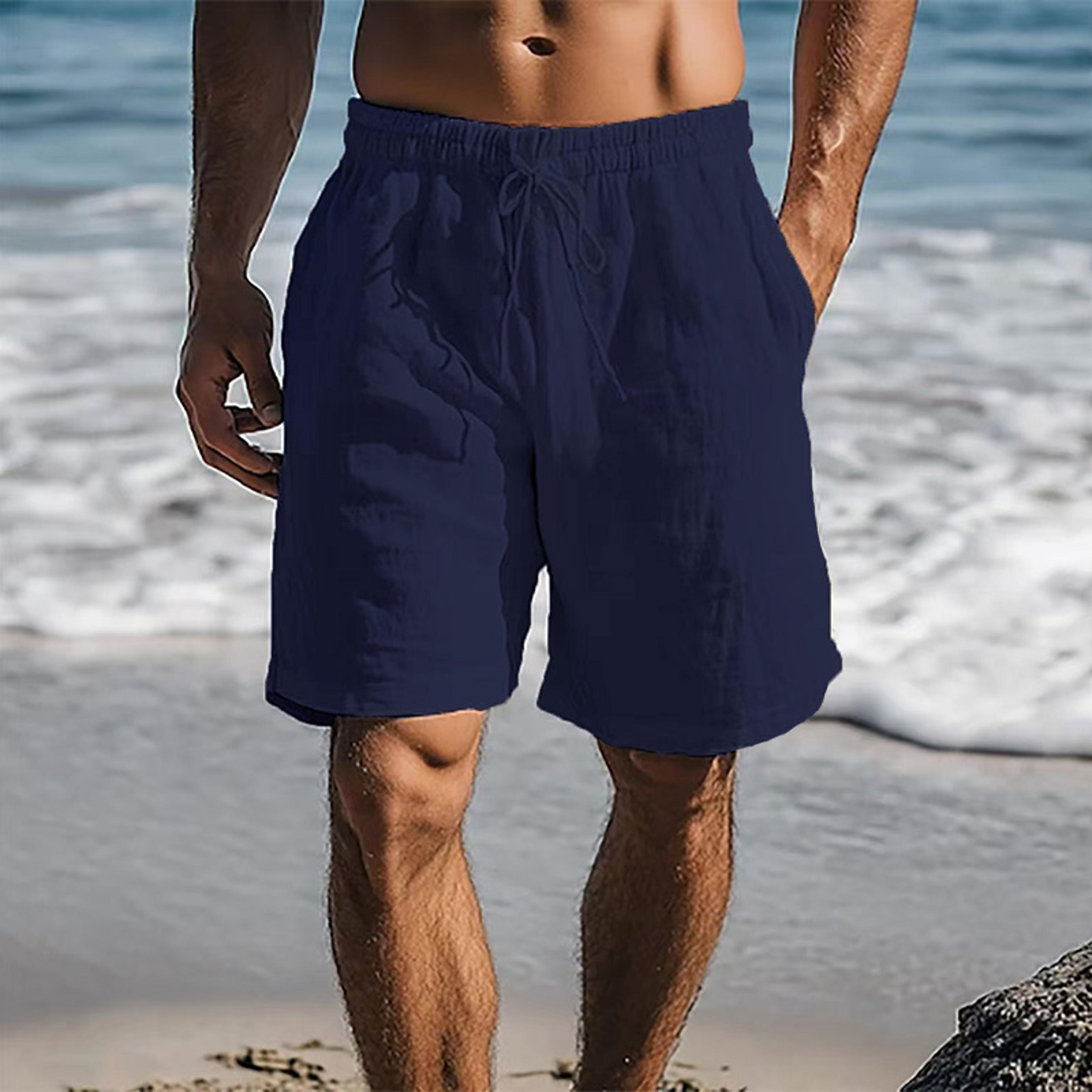 Mens Cotton Linen Shorts Lightweight Breathable Summer Beach Shorts Elastic Waist 2