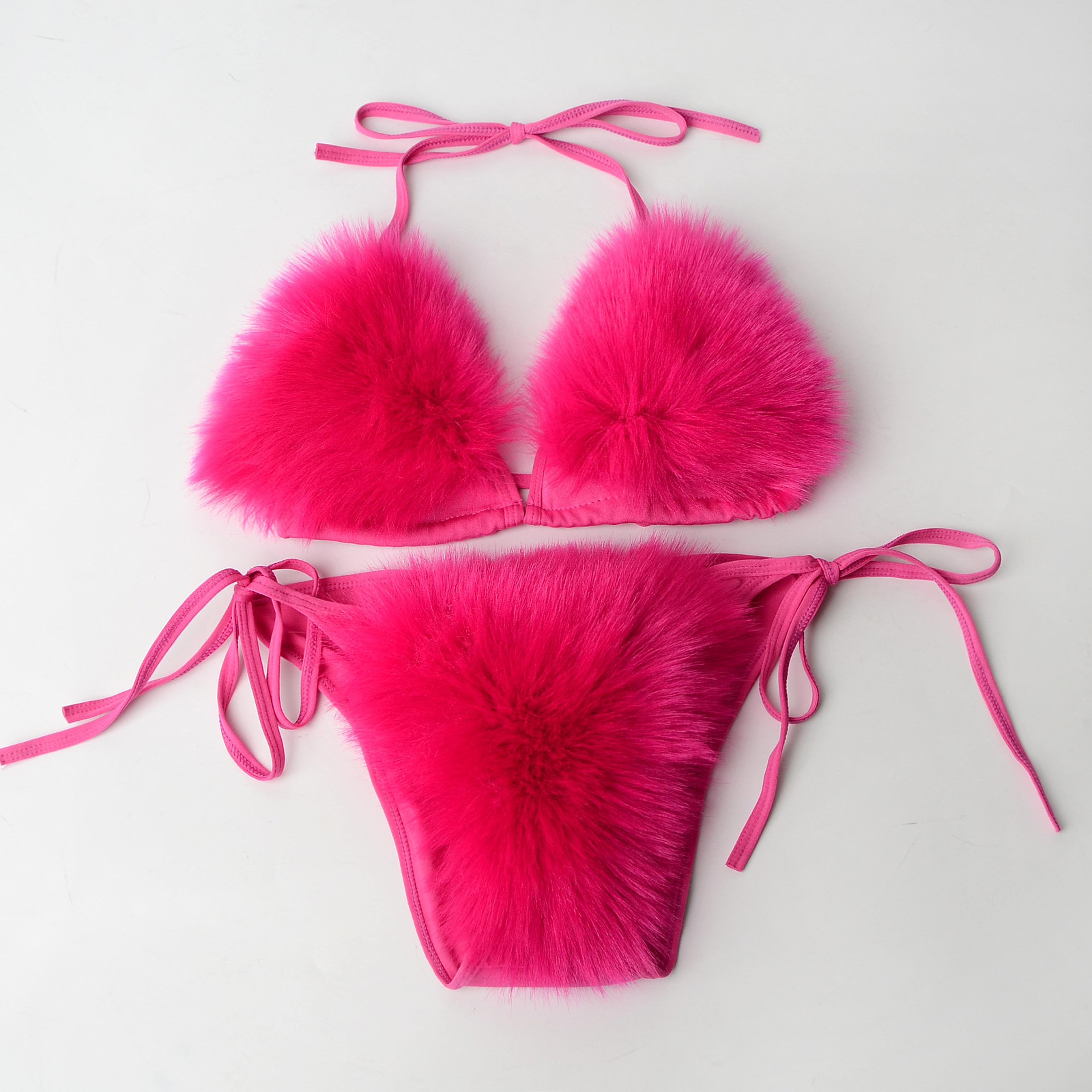 faux fur bikini set plush halter triangle swimsuit for women