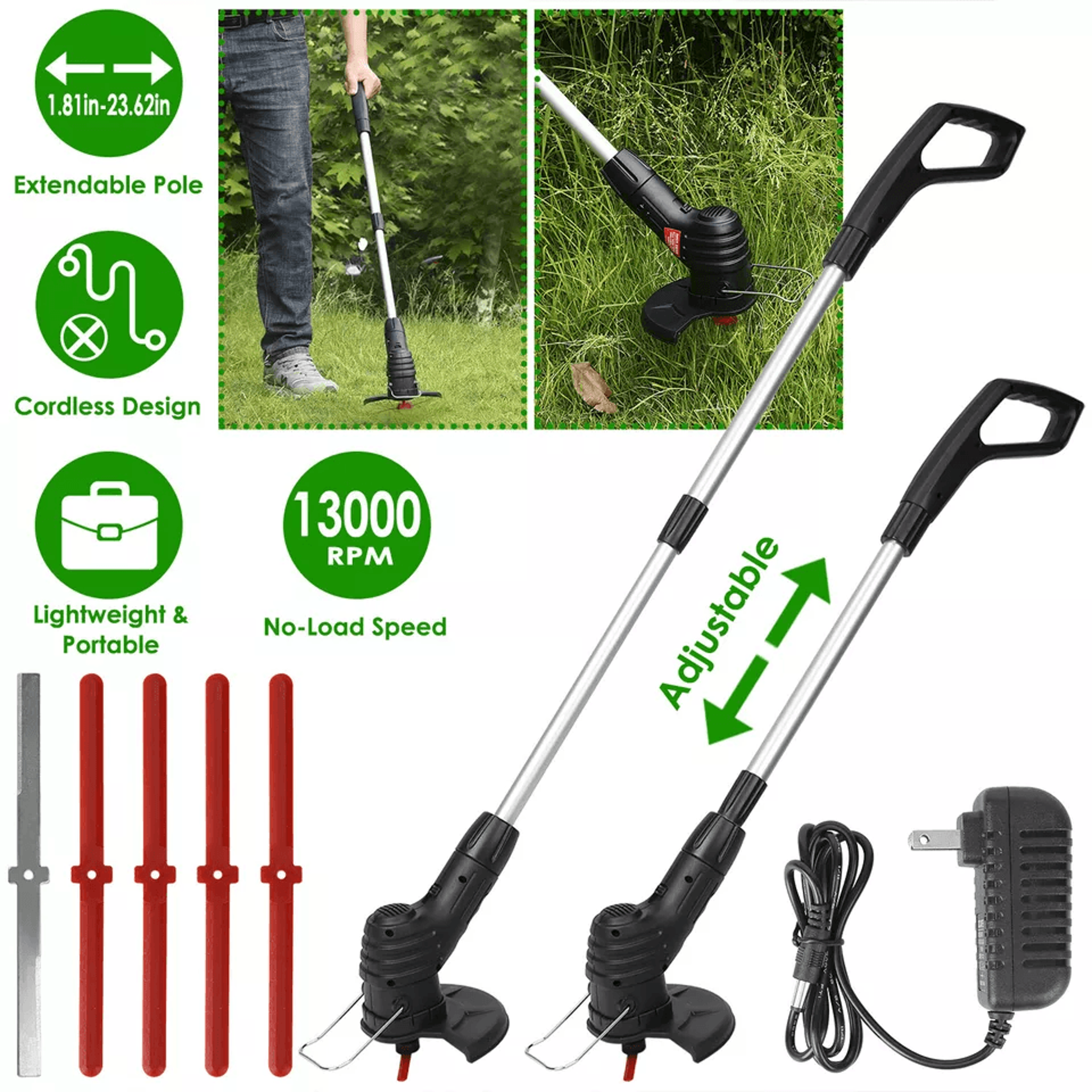cordless electric weed trimmer & lawn edger with rechargeable battery and extendable pole